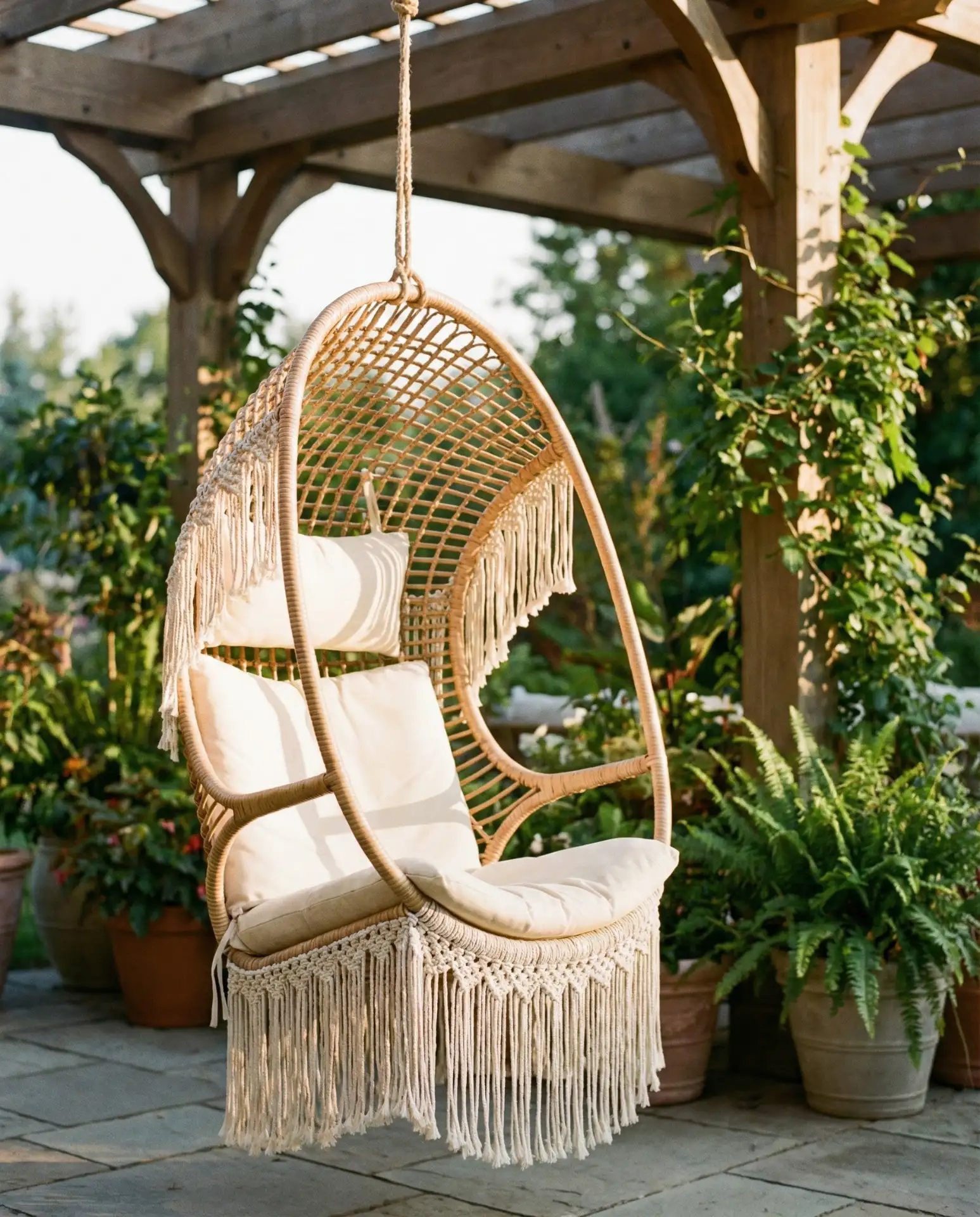 Hanging Egg Chair with Boho Fringe Details 2
