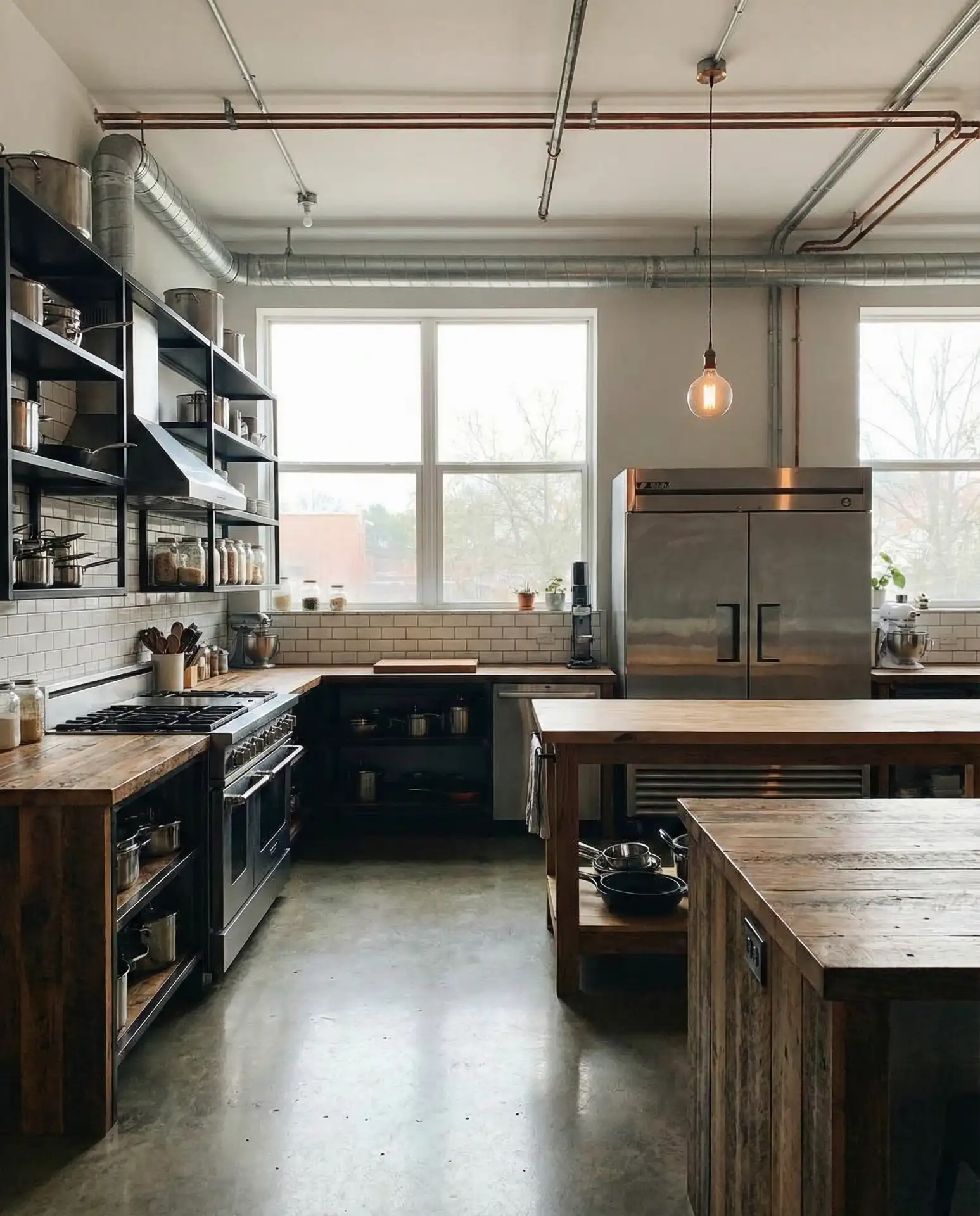 Industrial Kitchen with Open Shelving and Metal Fixtures 1