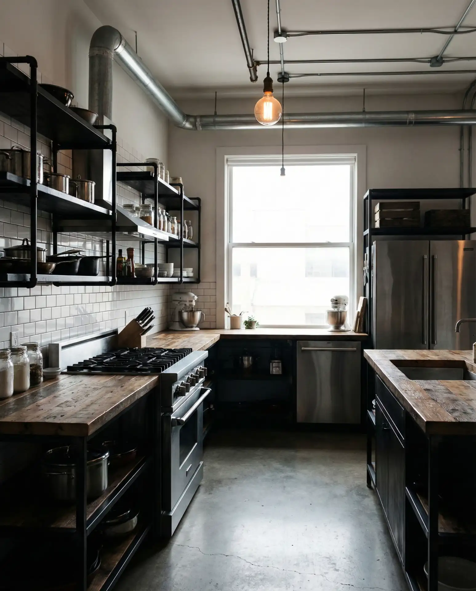 Industrial Kitchen with Open Shelving and Metal Fixtures 2