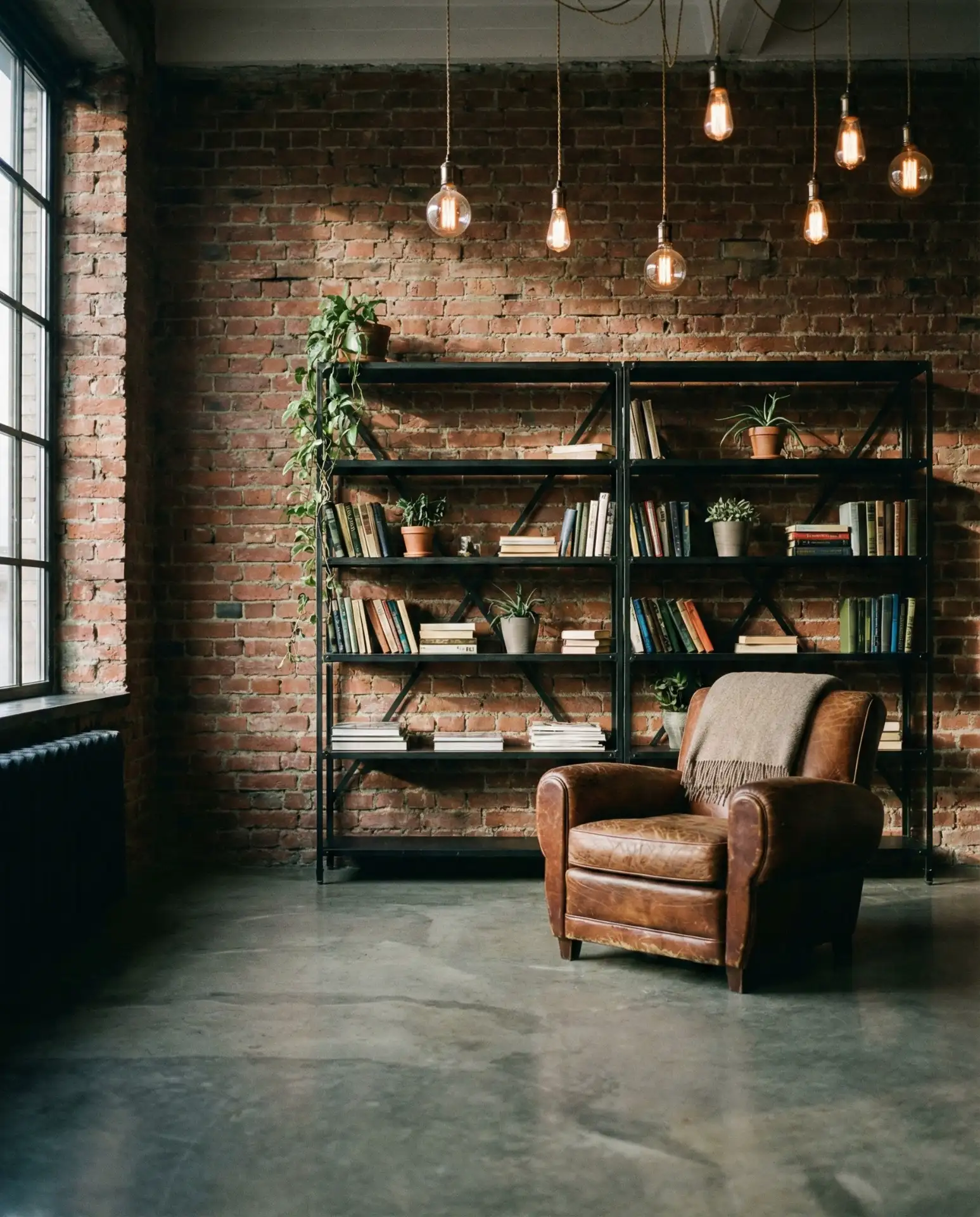 Industrial Living Room with Exposed Brick and Metal Accents 1