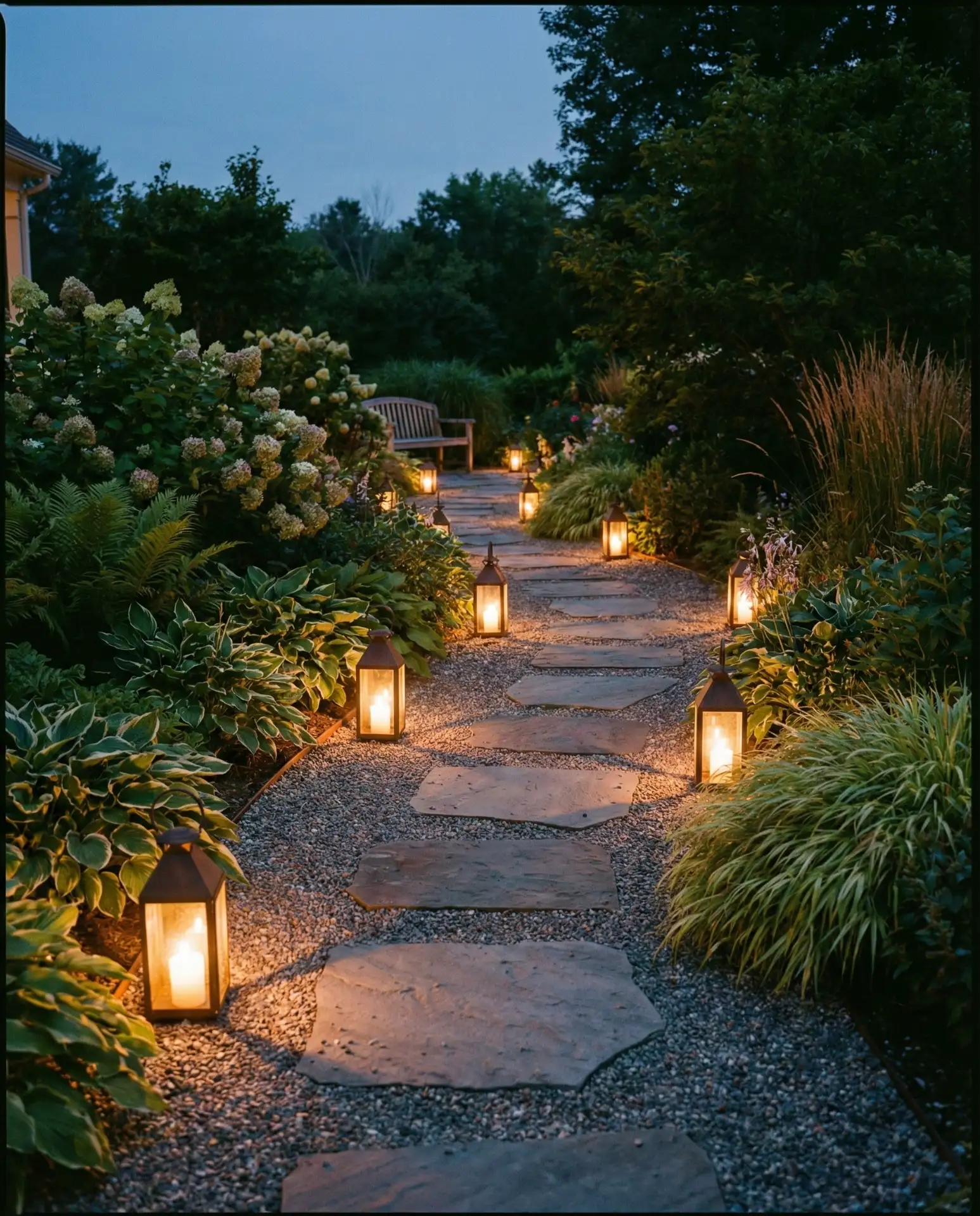 Lantern-Lit Pathway with Gravel and Pavers 1