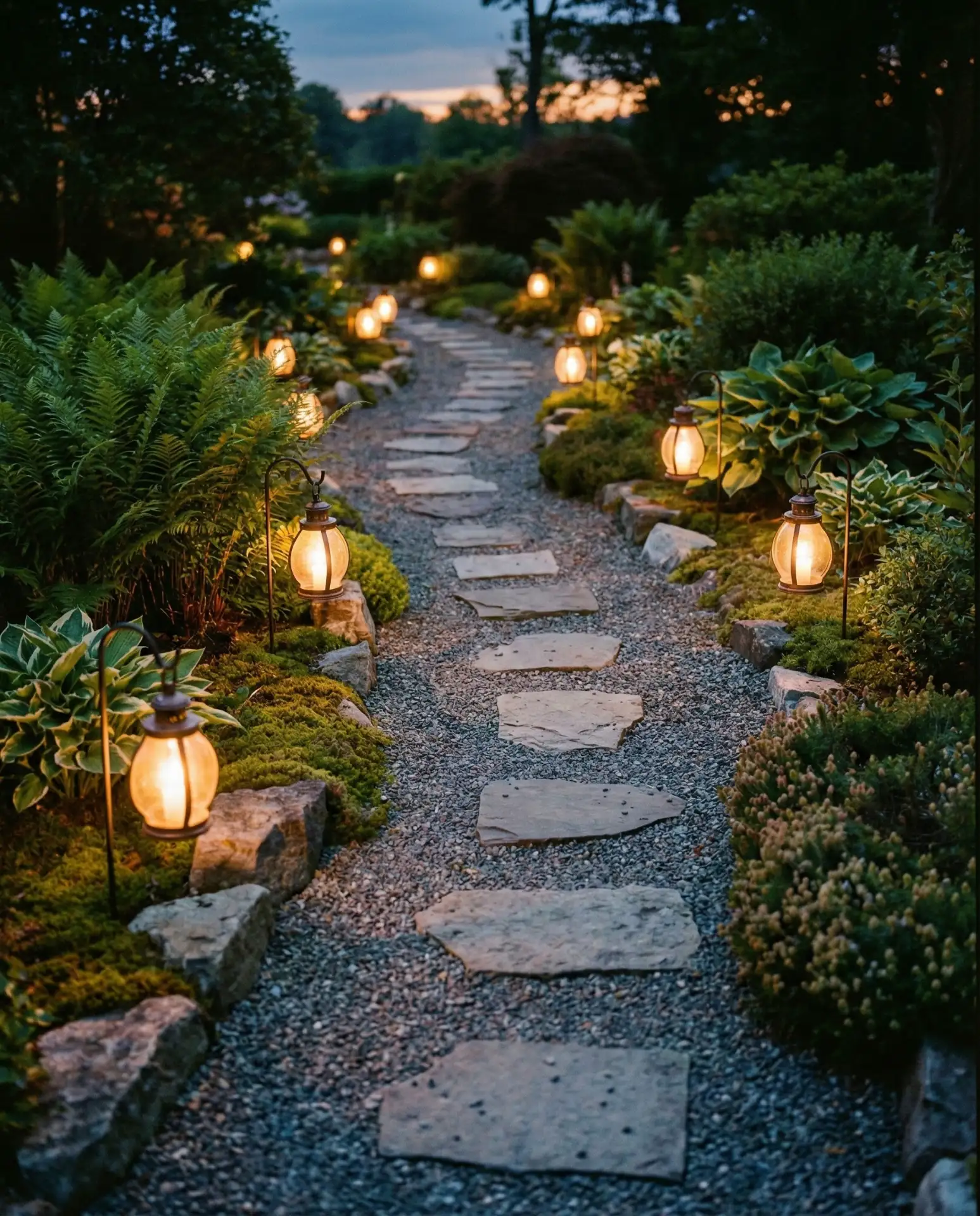 Lantern-Lit Pathway with Gravel and Pavers 2