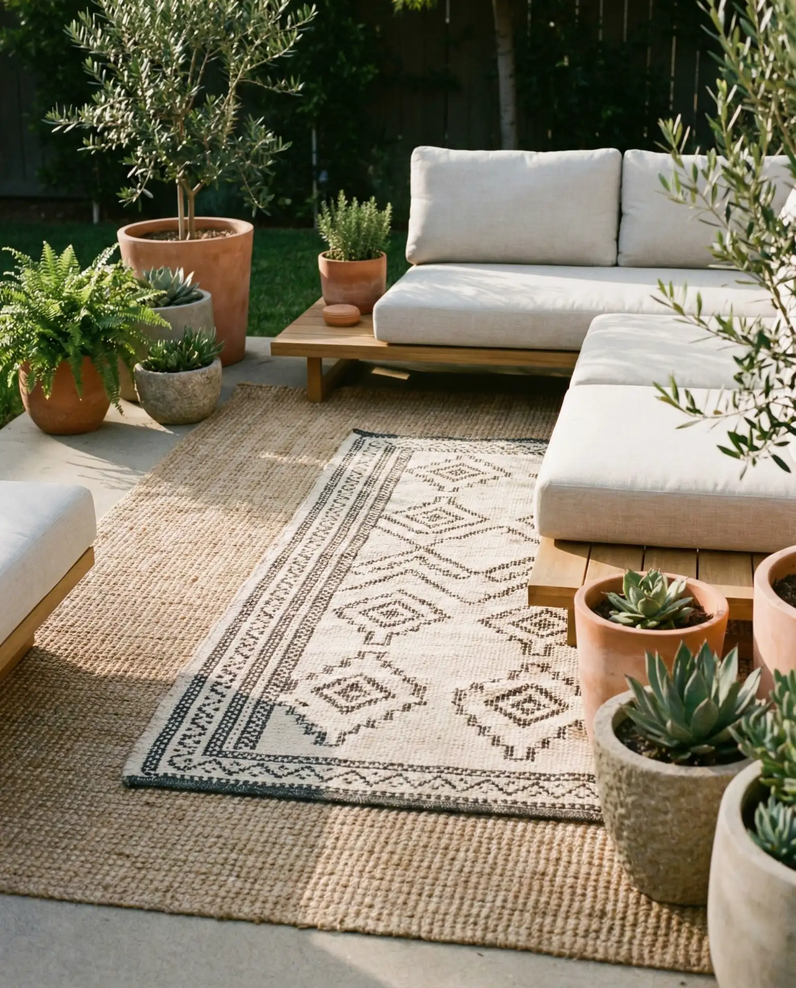 Layered Outdoor Rug Under Lounge Seating 1
