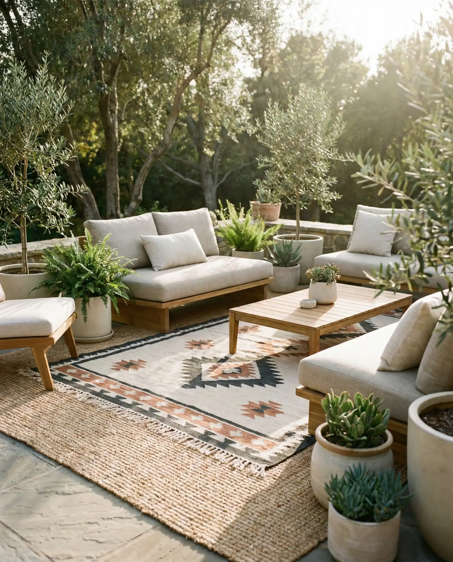 Layered Outdoor Rug Under Lounge Seating 2