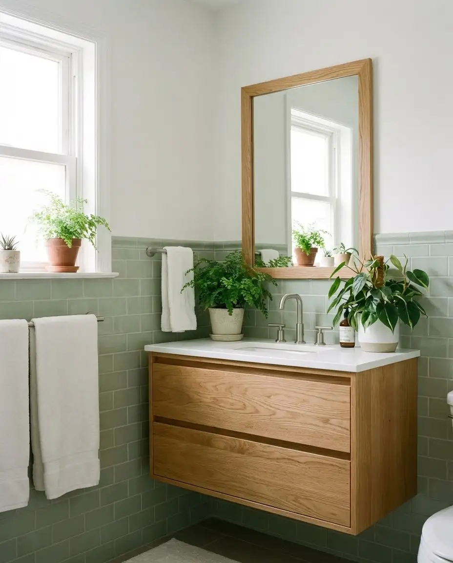 Light Green Wainscoting Tile with Wood Tones 1