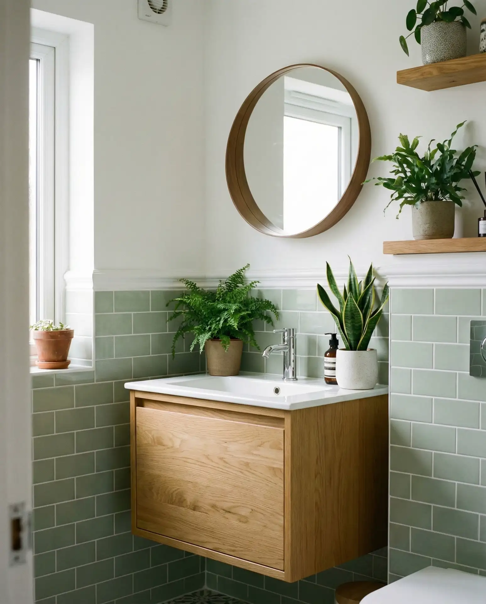Light Green Wainscoting Tile with Wood Tones 2
