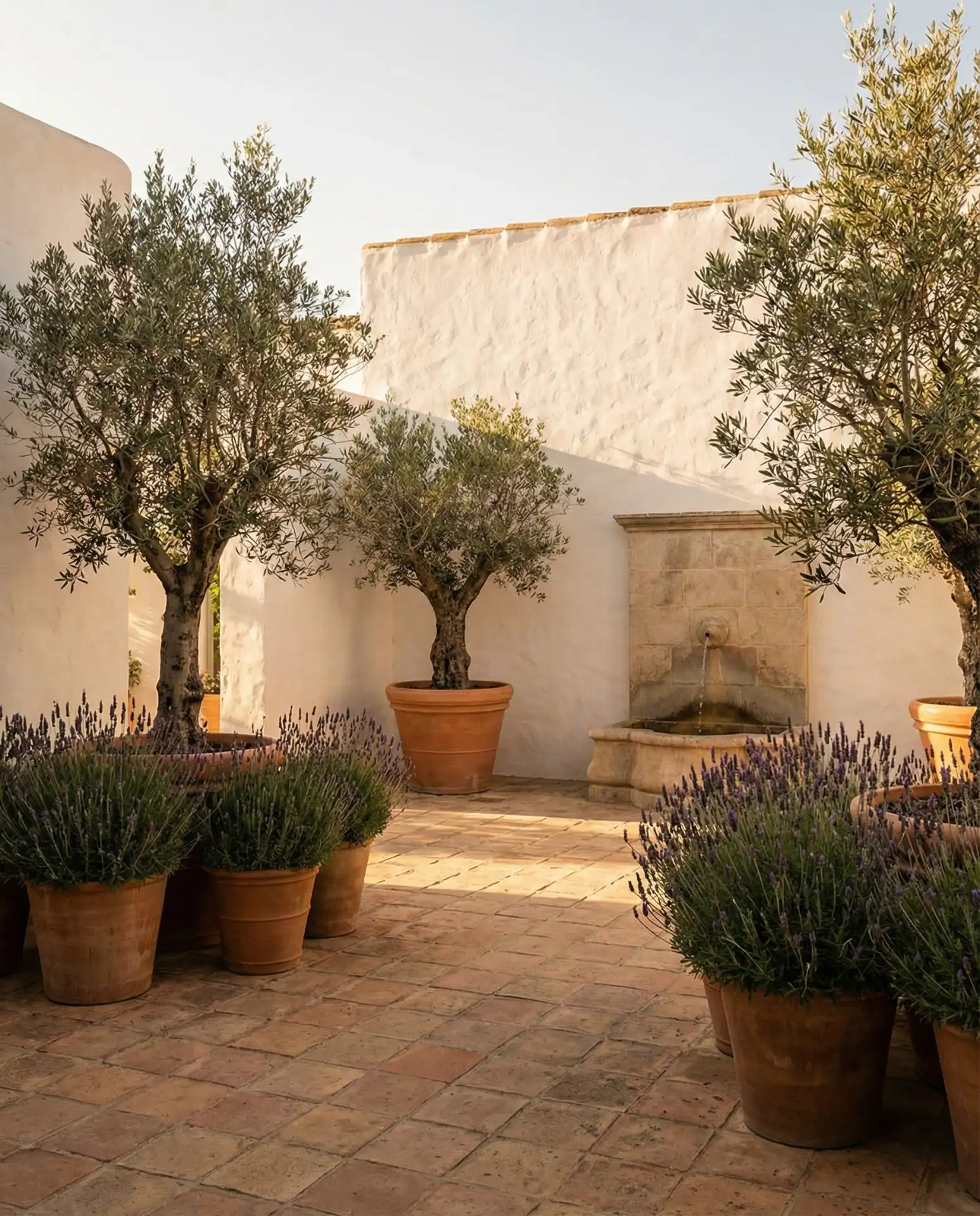 Mediterranean Courtyard with Terracotta and Olive Trees