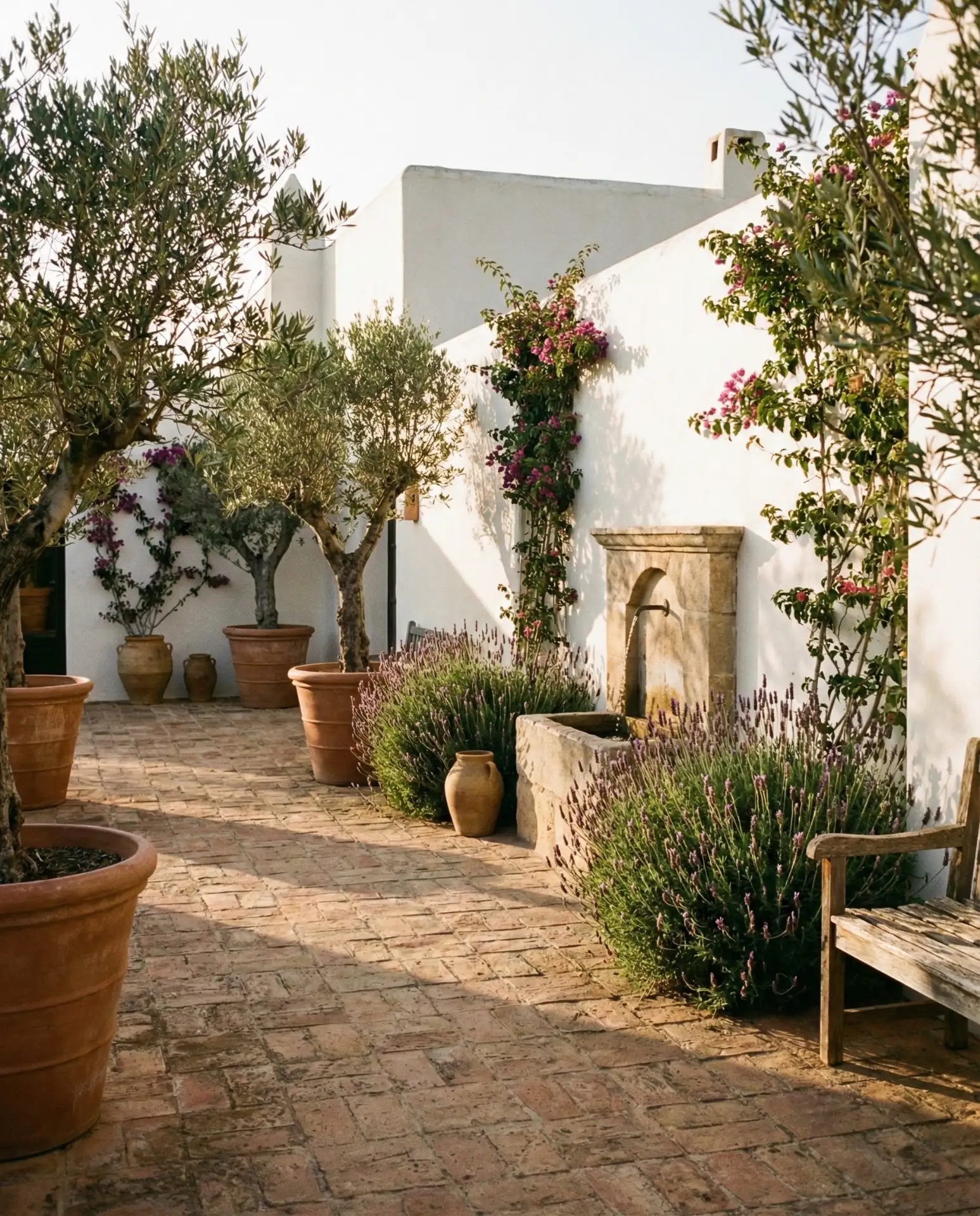 Mediterranean Courtyard with Terracotta and Olive Trees