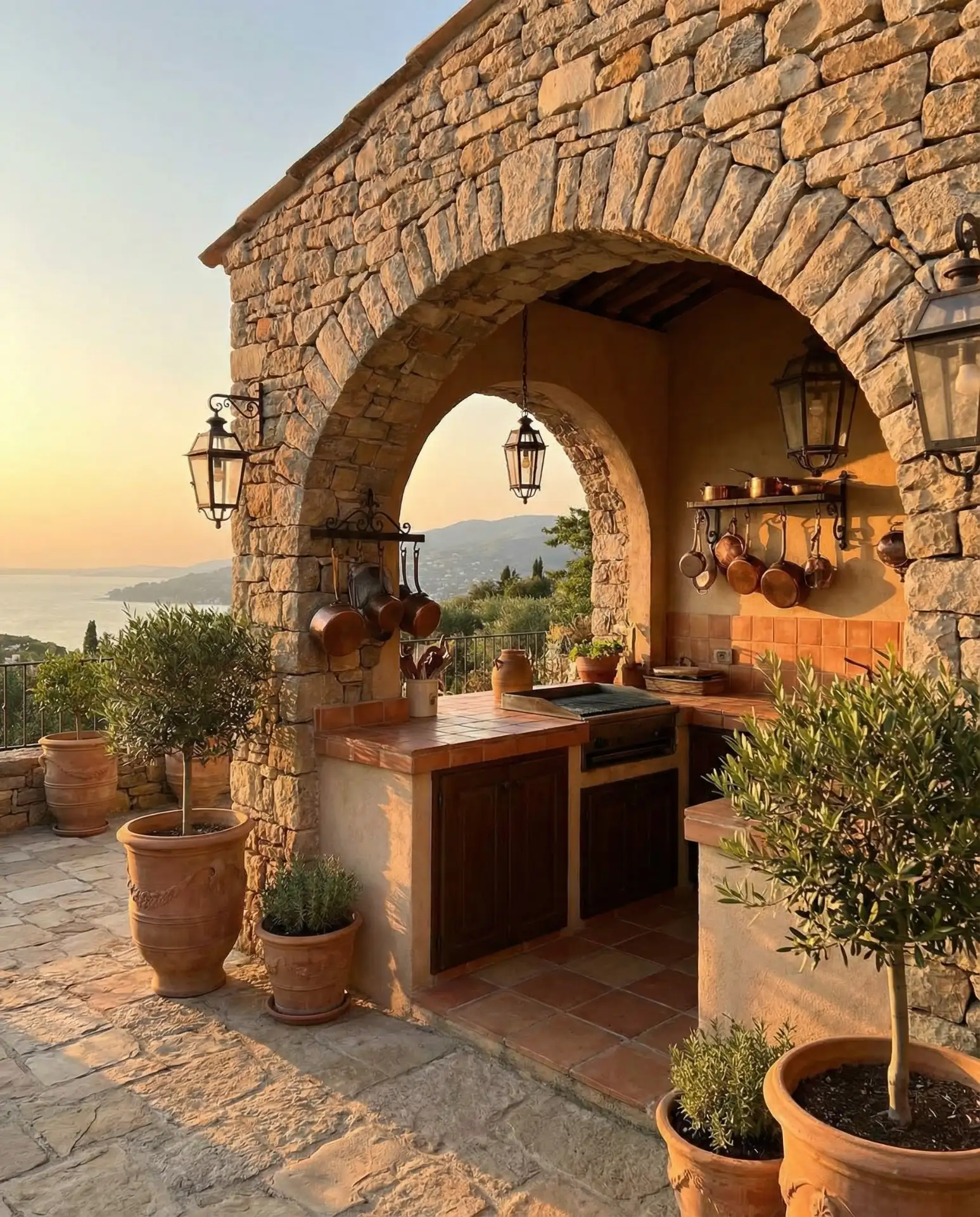Mediterranean Stone Archway Kitchen with Terracotta Accents 1