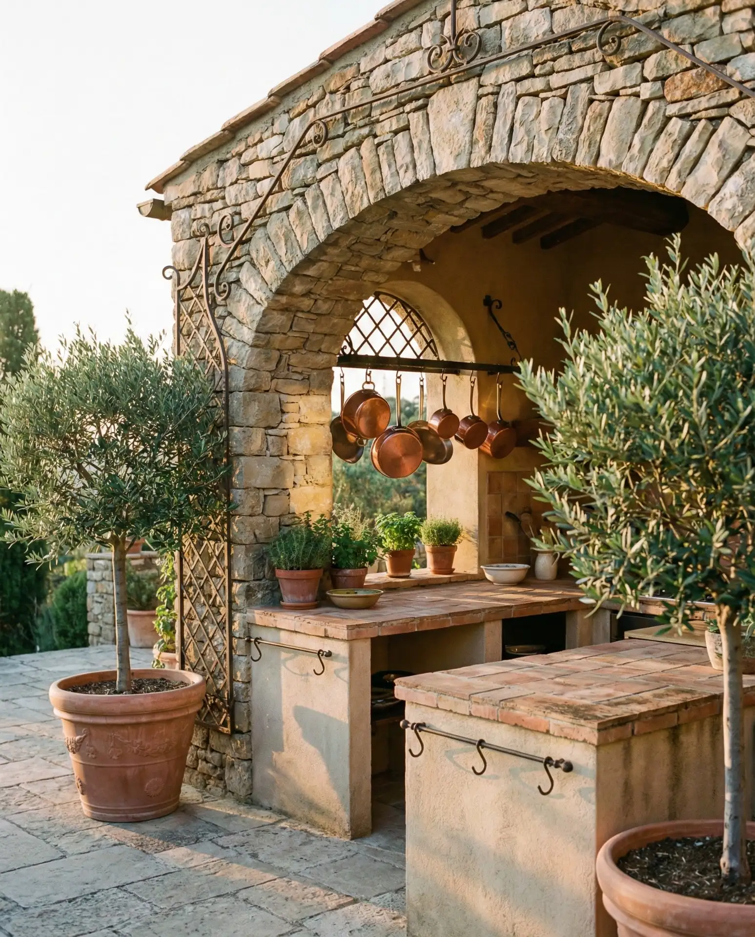 Mediterranean Stone Archway Kitchen with Terracotta Accents 2