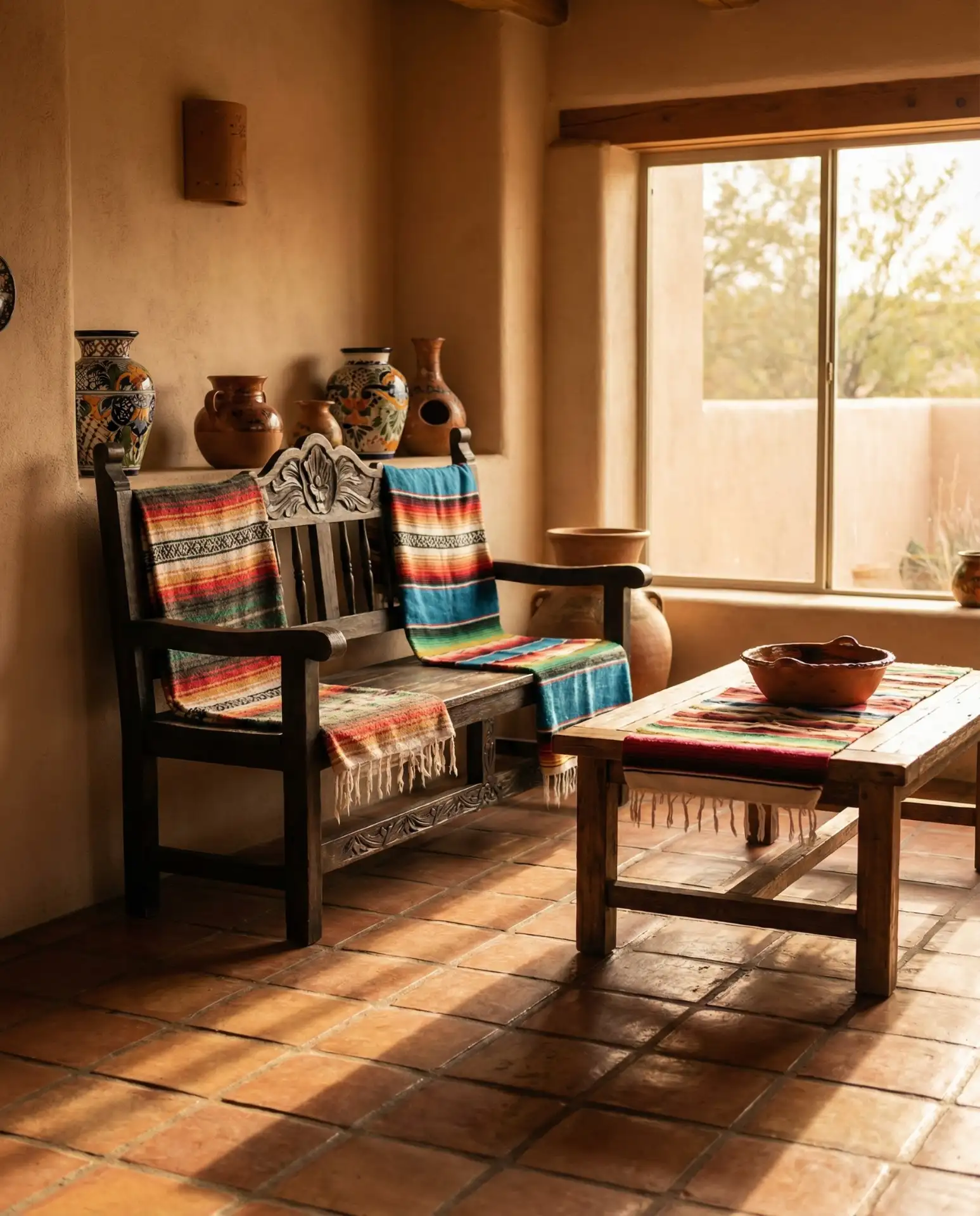 Mexican Living Room with Vibrant Textiles and Terracotta Tones 1