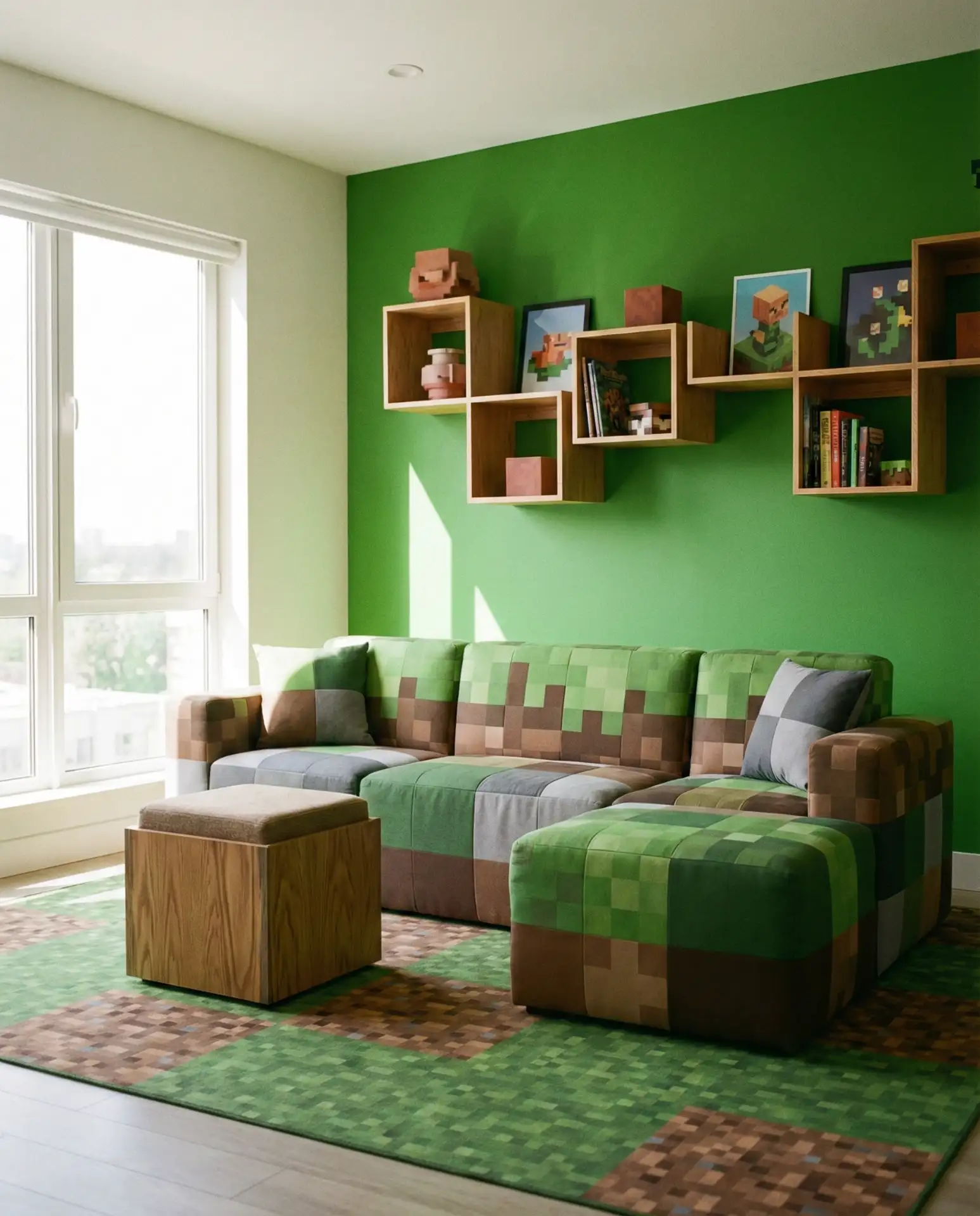 Minecraft-Inspired Living Room with Blocky Geometry and Playful Color 2