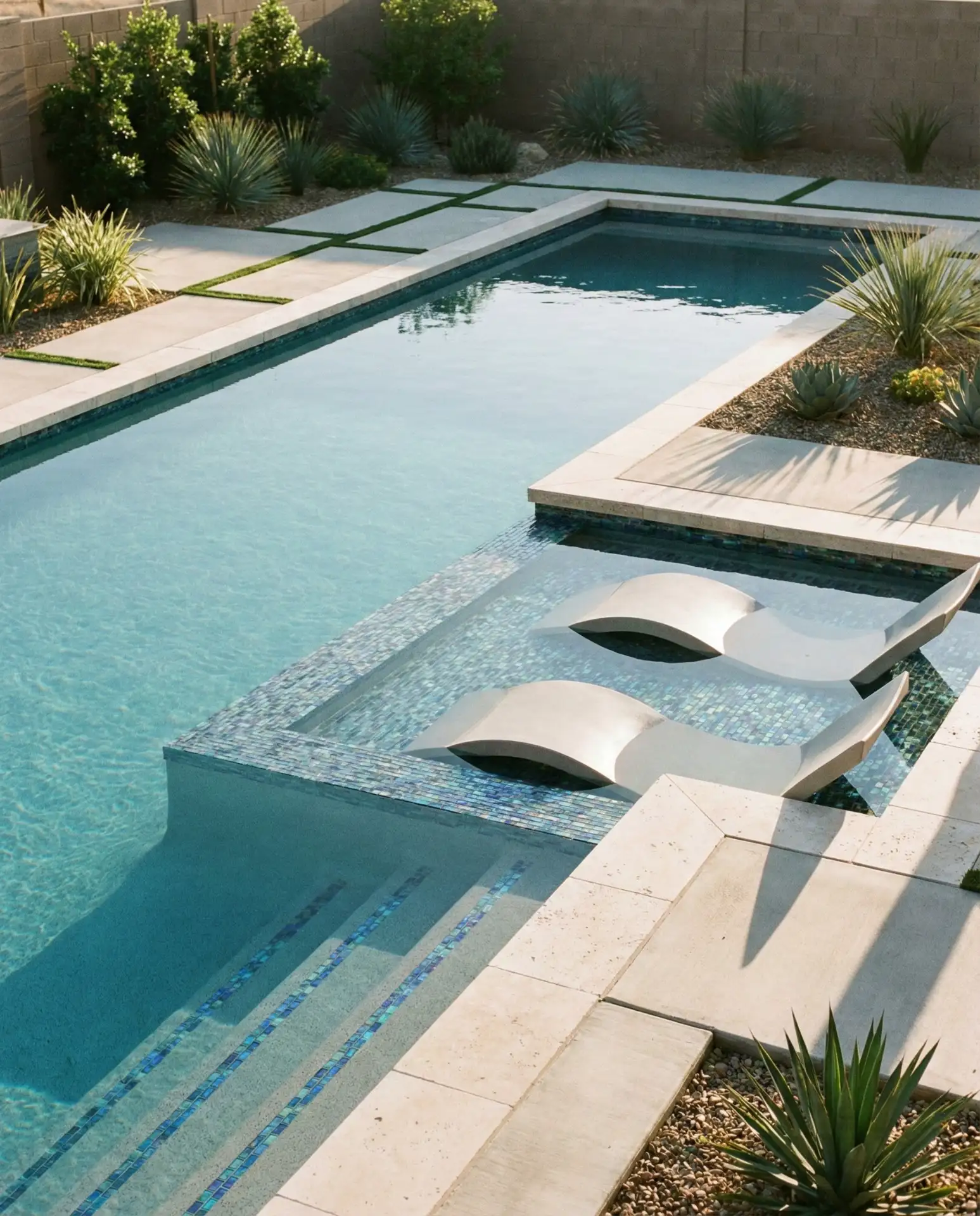 Modern Lap Pool with Tanning Ledge and Glass Tile