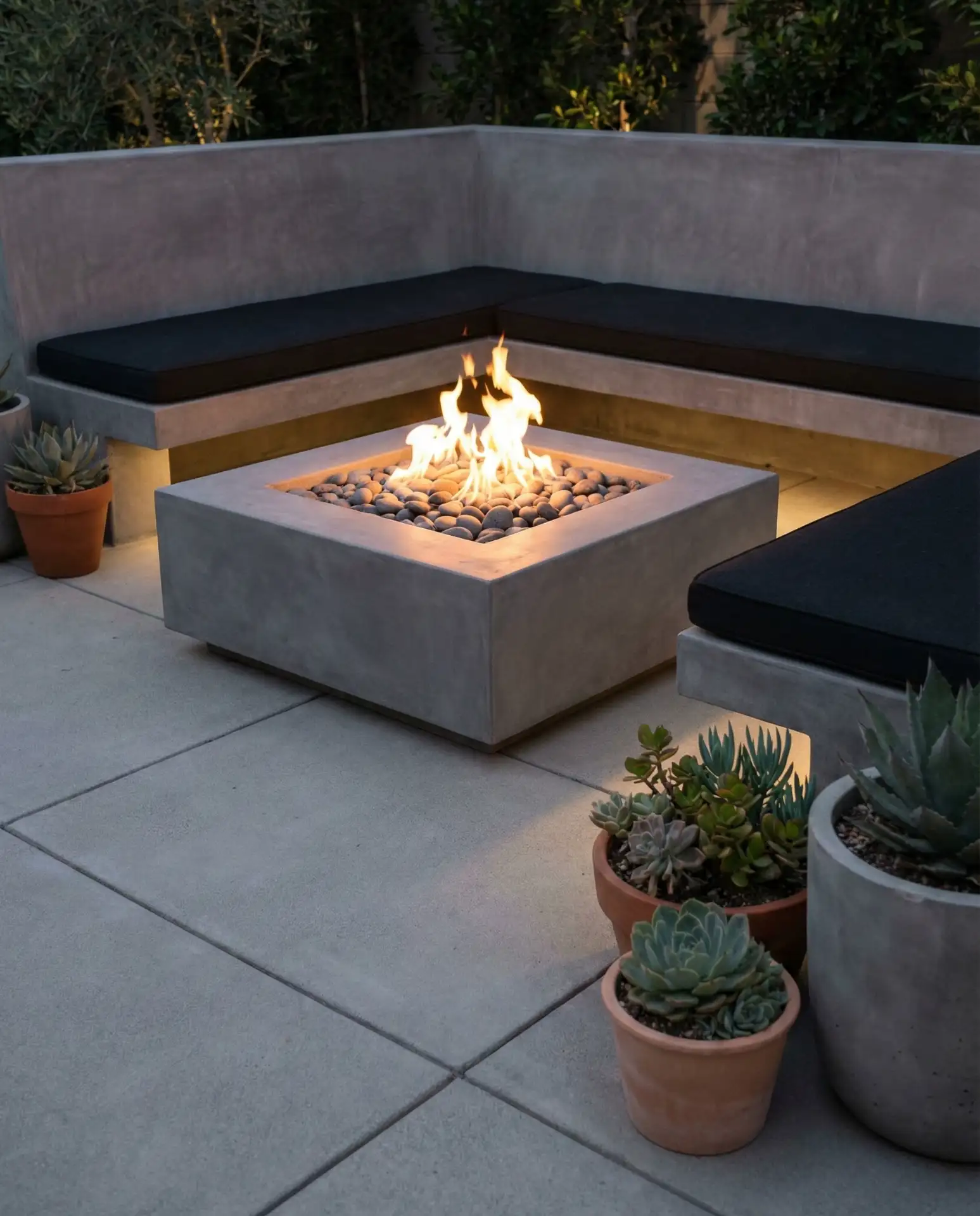 Modern Square Fire Pit with Built-In Bench Seating 1