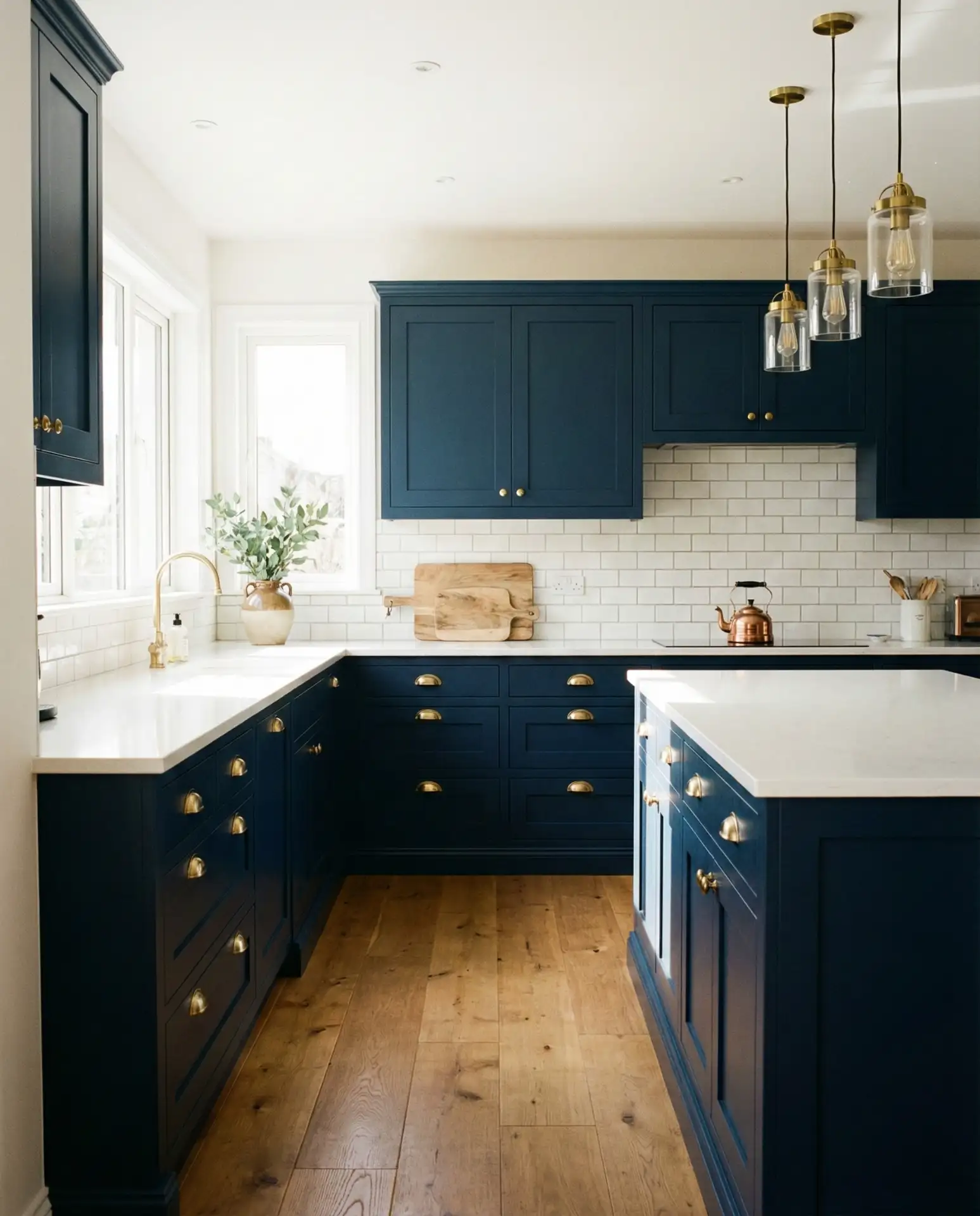Navy Cabinets with Brass Hardware 1
