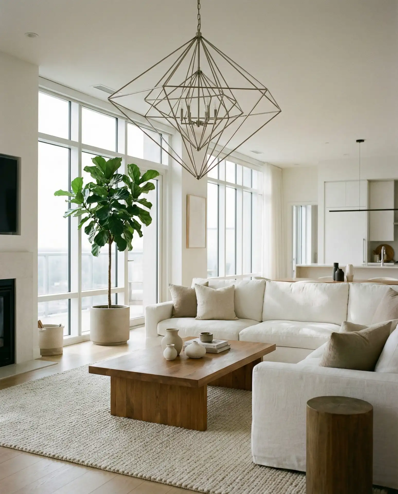 Open-Concept Living Room with Statement Lighting 1
