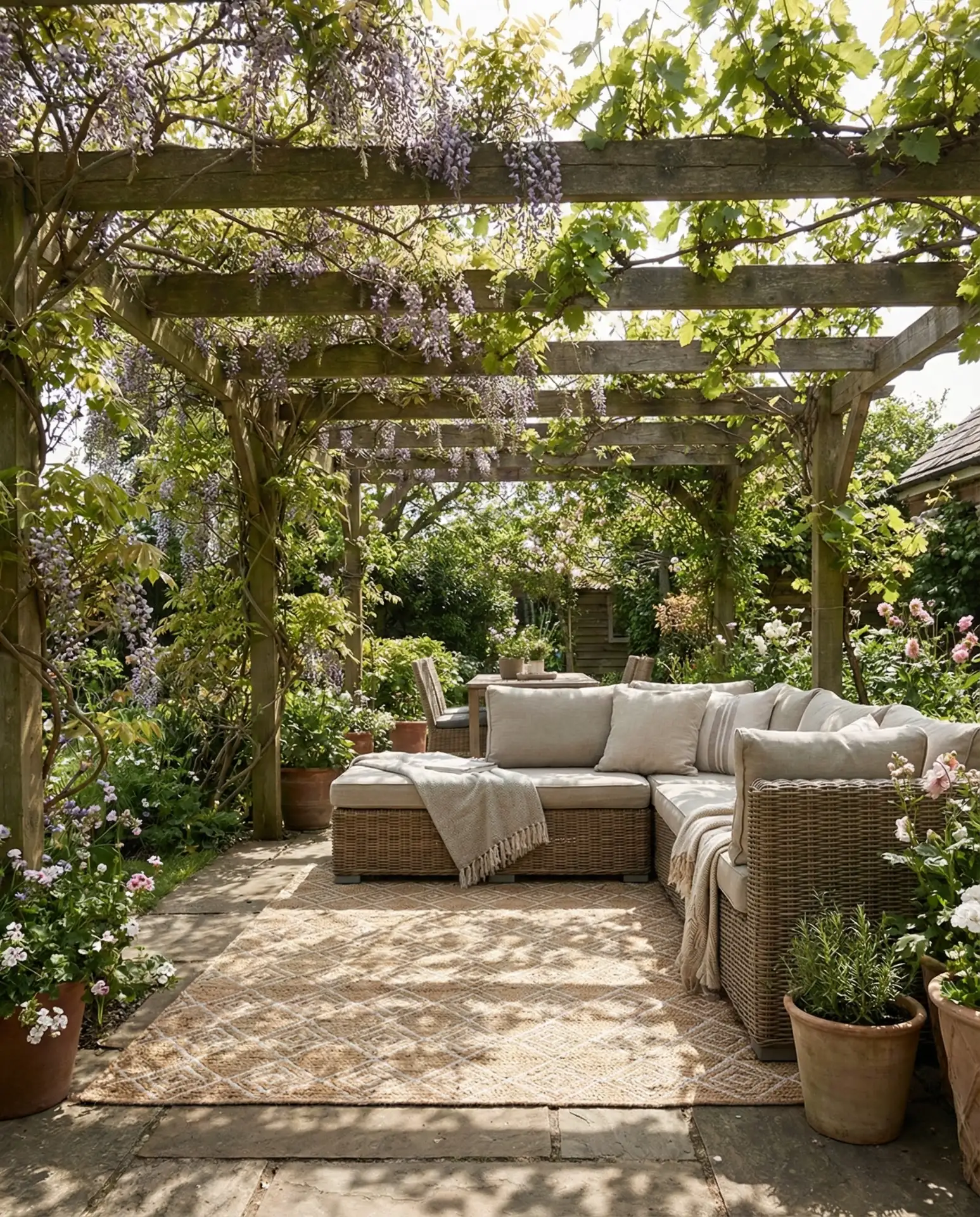 Pergola-Covered Lounge with Climbing Vines 1