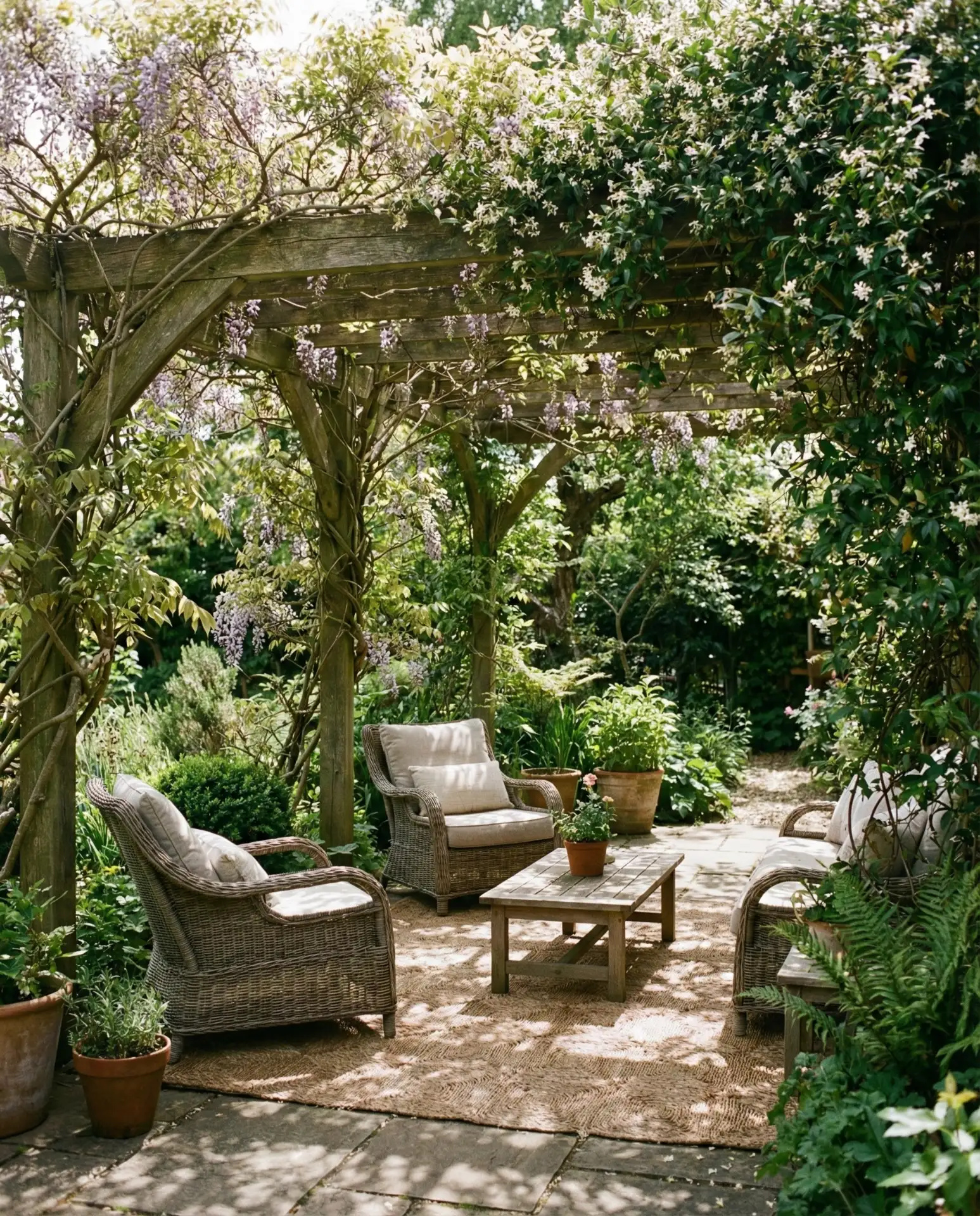 Pergola-Covered Lounge with Climbing Vines 2