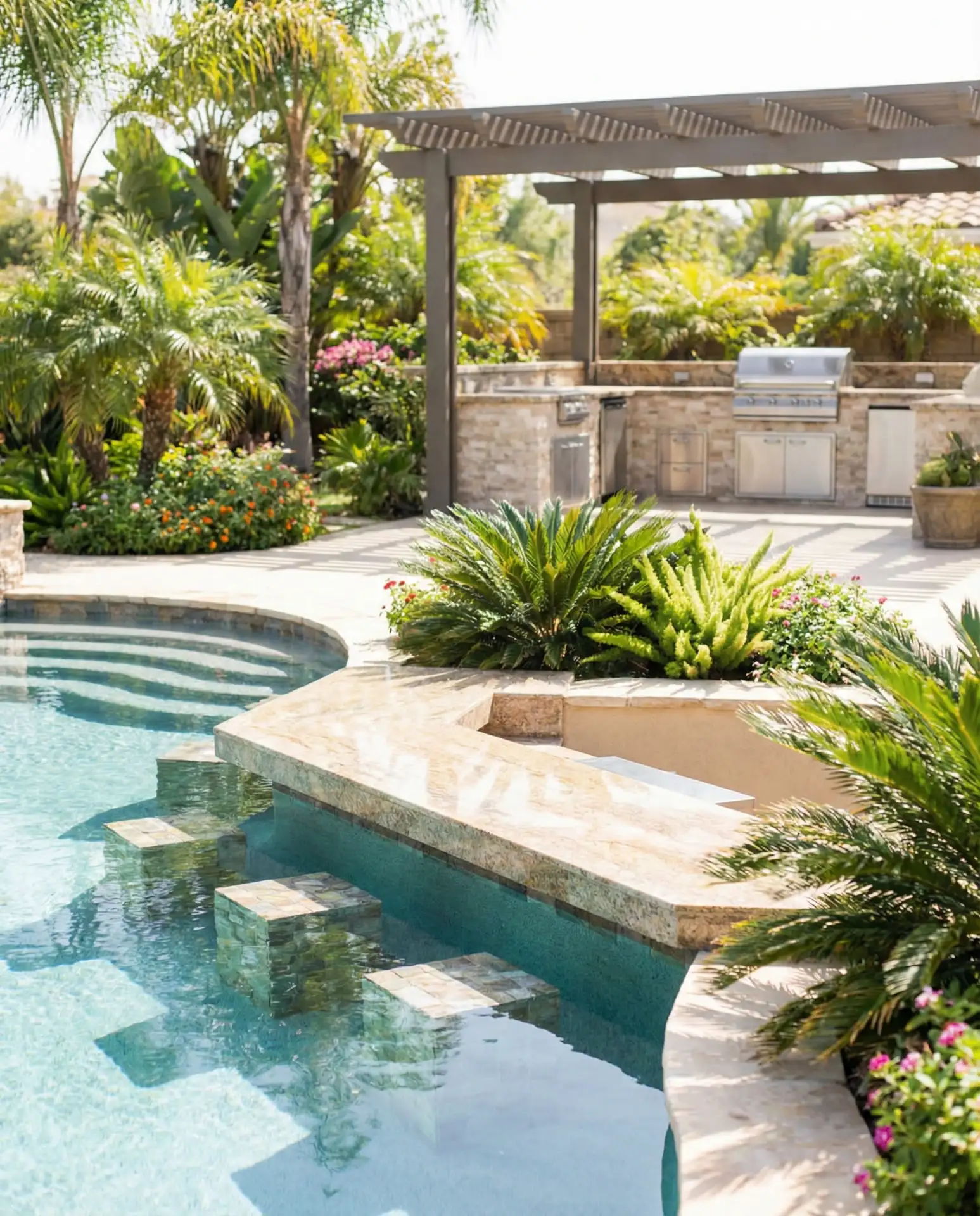 Pool and Outdoor Kitchen Combo with Swim-Up Bar 1