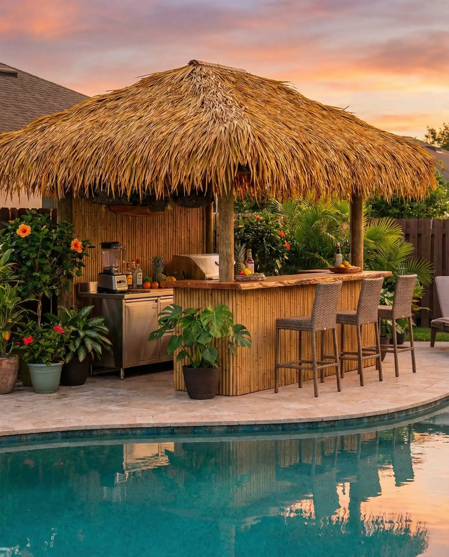 Poolside Tiki Bar Kitchen with Thatched-Roof 2
