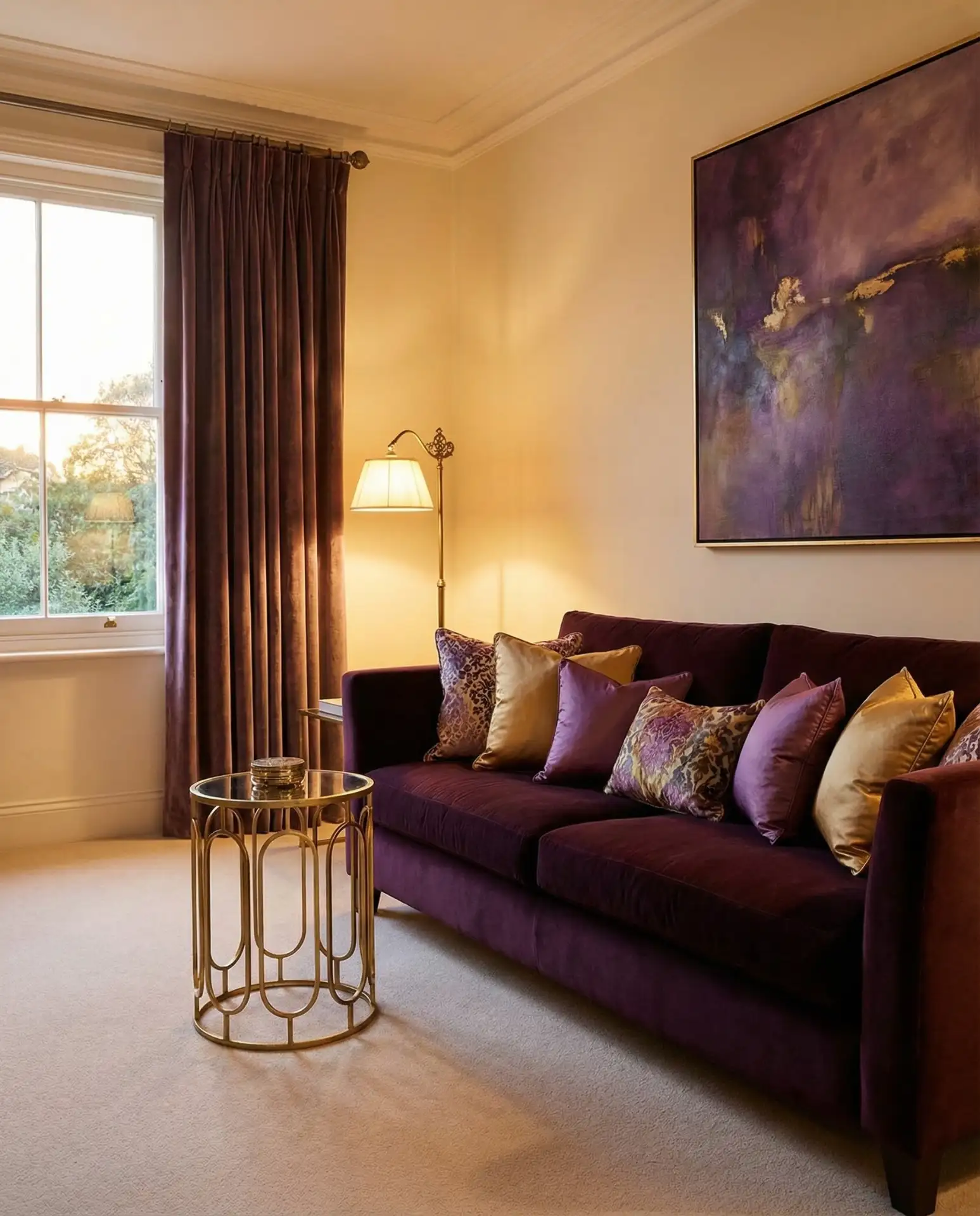 Purple Living Room with Jewel Tones and Luxe Fabrics 2