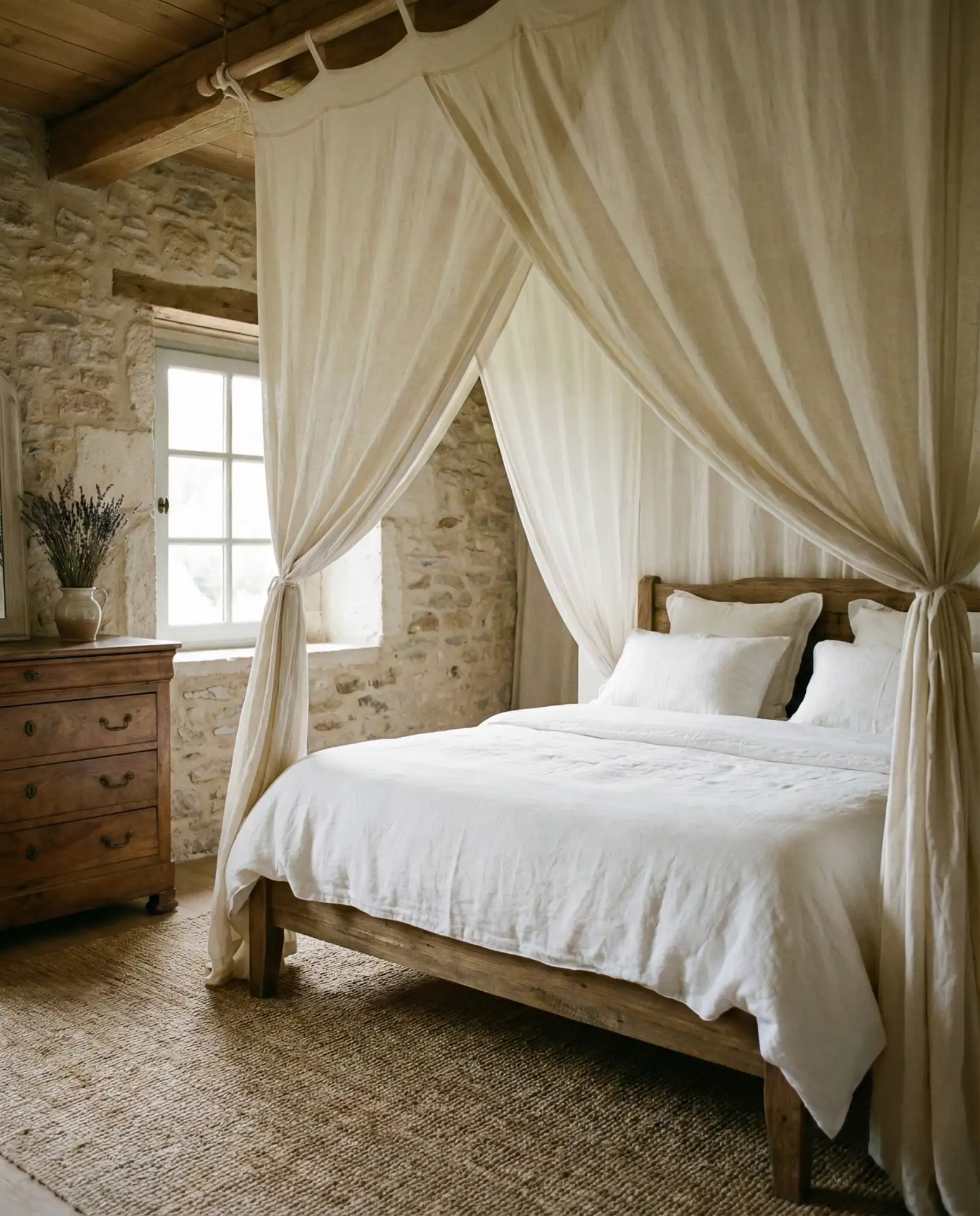 Rustic Bedroom with Linen Canopy 1