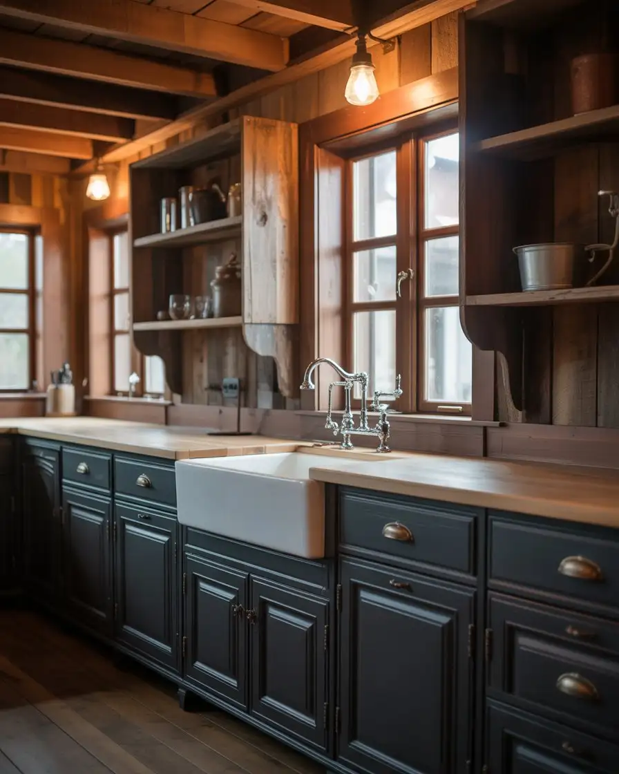 Rustic Black Kitchen with Reclaimed Wood Accents 1
