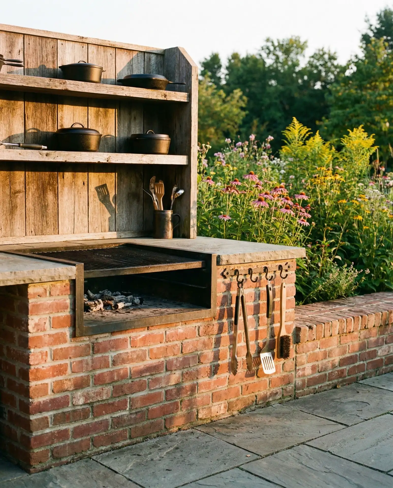 Rustic Brick Grill Station with Reclaimed Wood Shelving 1