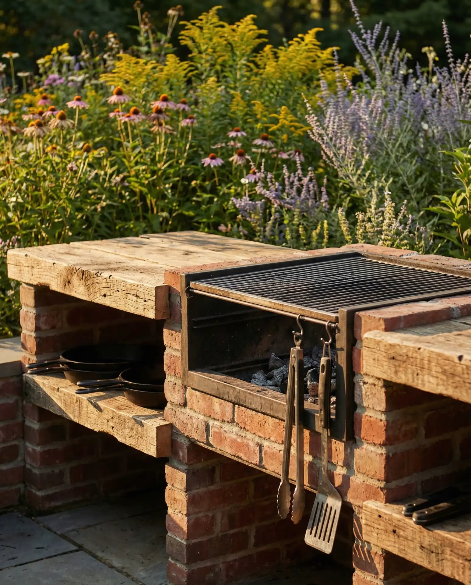 Rustic Brick Grill Station with Reclaimed Wood Shelving 2
