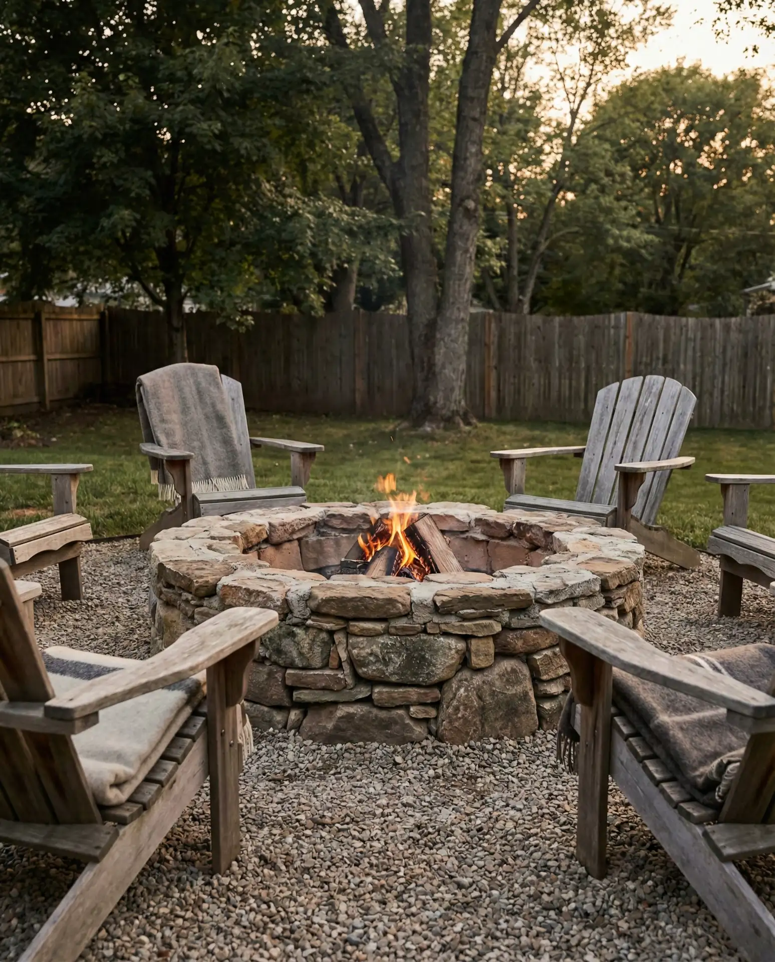 Rustic Fire Pit Circle Surrounded by Adirondack Chairs
