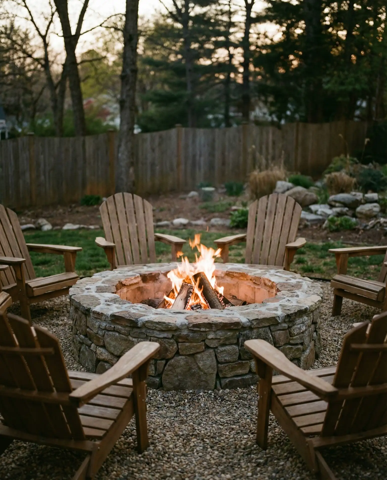 Rustic Fire Pit Circle Surrounded by Adirondack Chairs