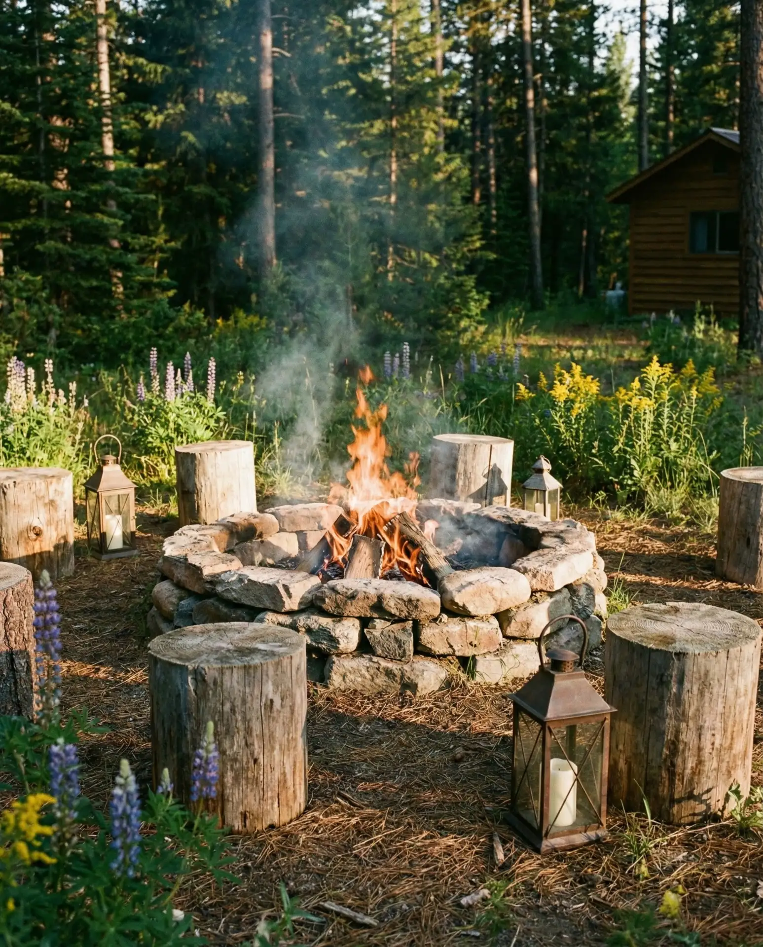 Rustic Fire Pit with Stacked Log Seating and Vintage Lanterns 1