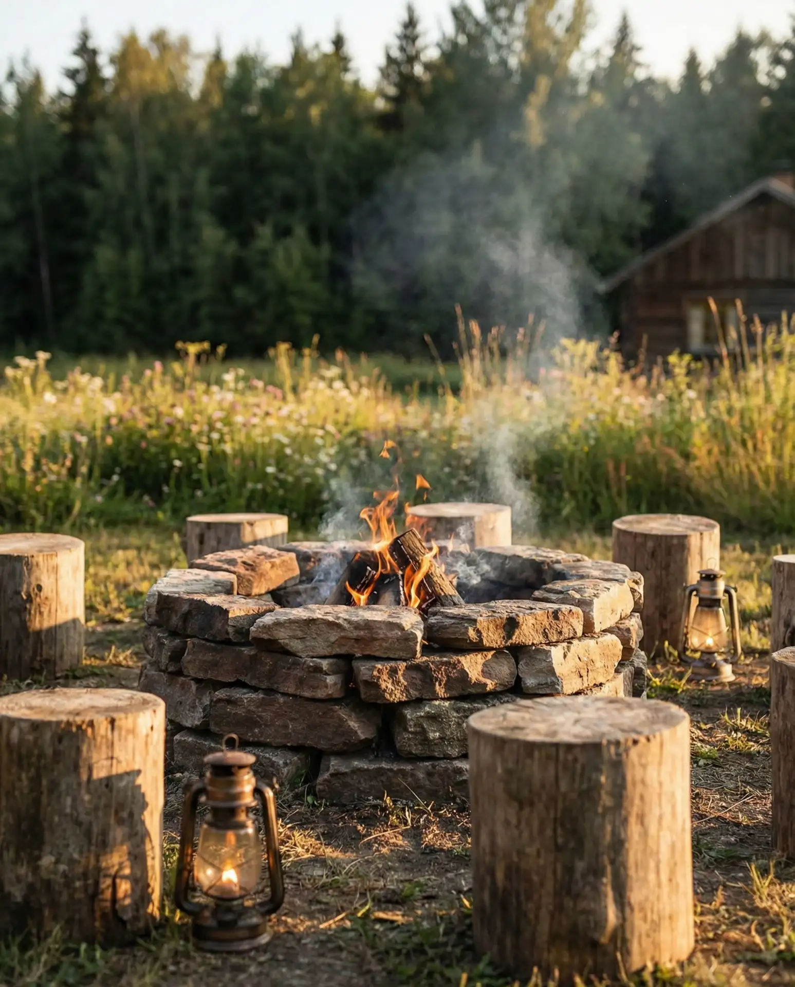 Rustic Fire Pit with Stacked Log Seating and Vintage Lanterns 2