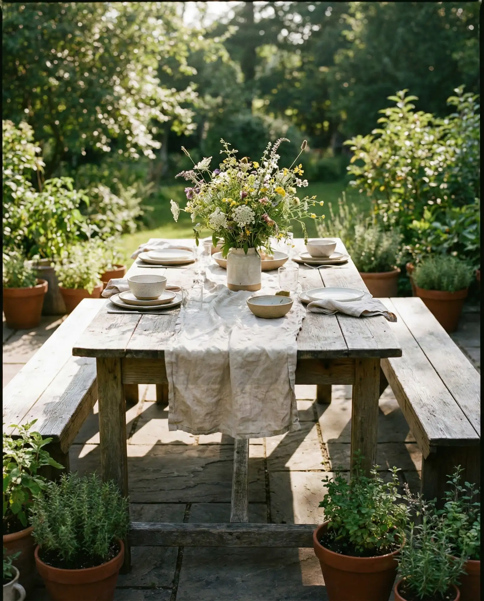 Rustic Wooden Farm Table with Linen Runner