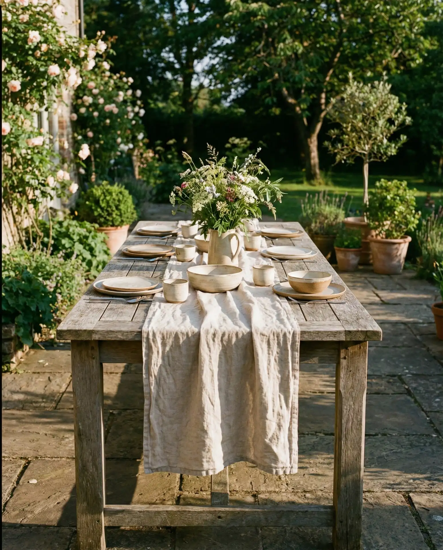 Rustic Wooden Farm Table with Linen Runner
