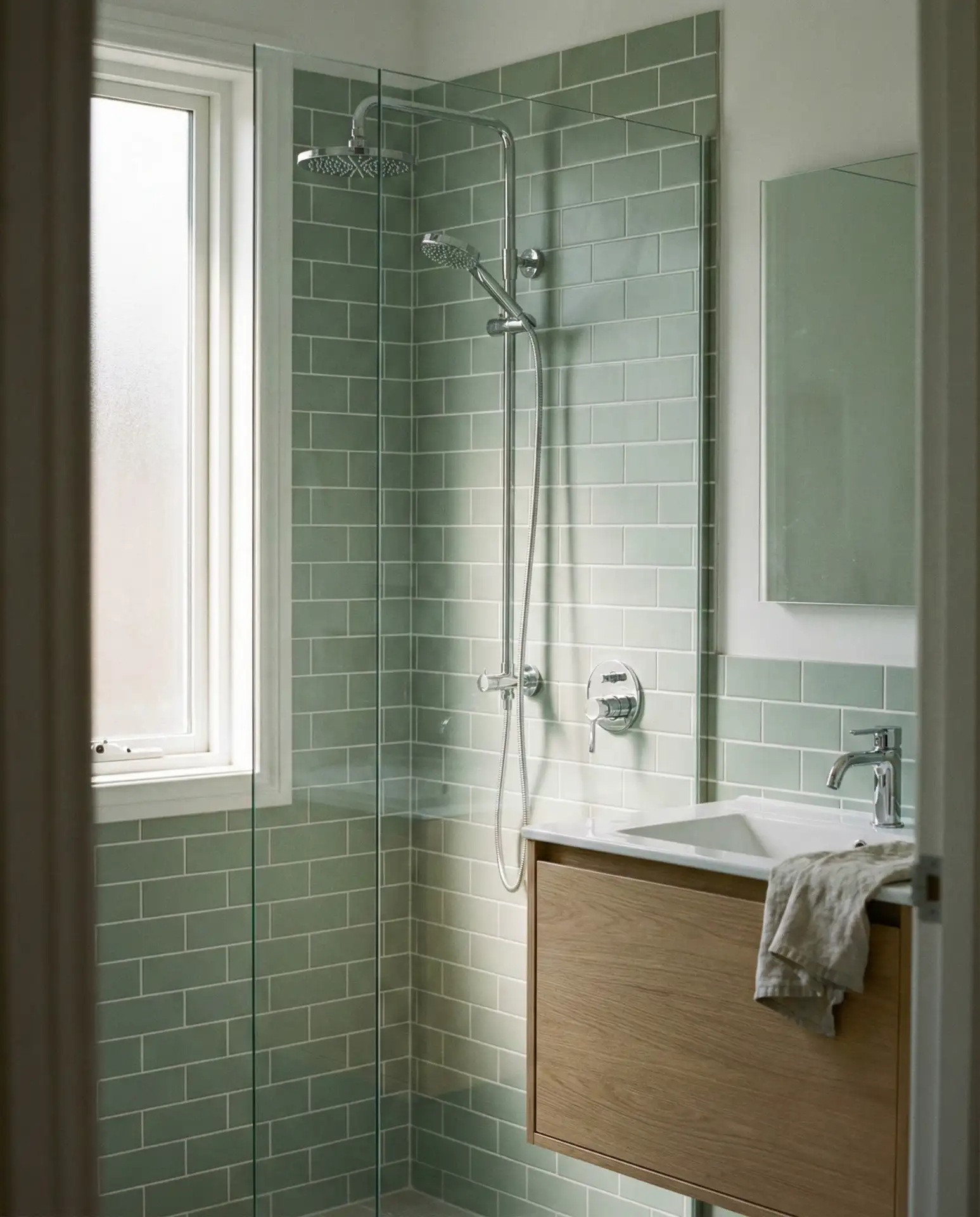 Sage Green Subway Tiles with White Grout 1