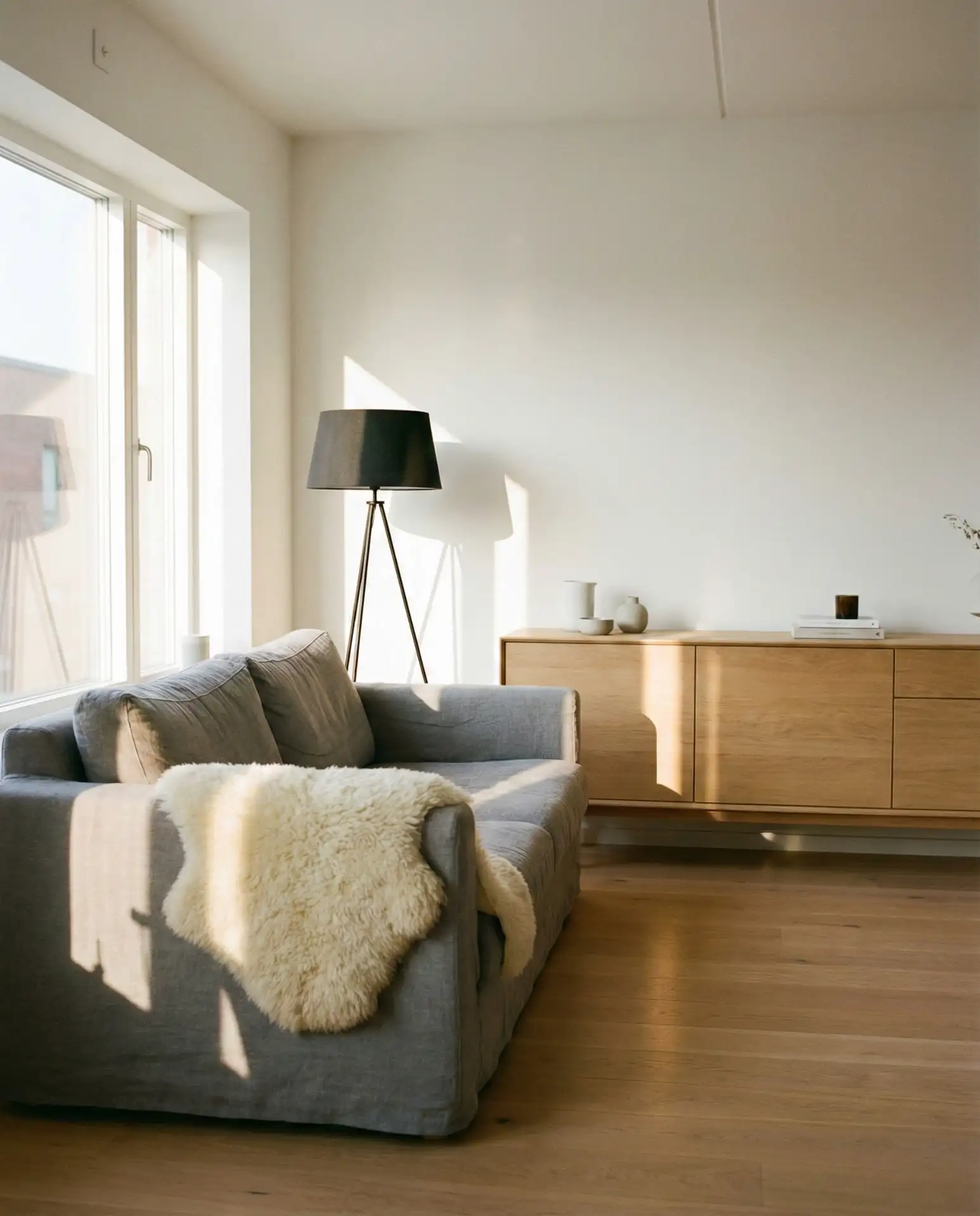 Scandinavian Living Room with Light Wood and White Walls 1