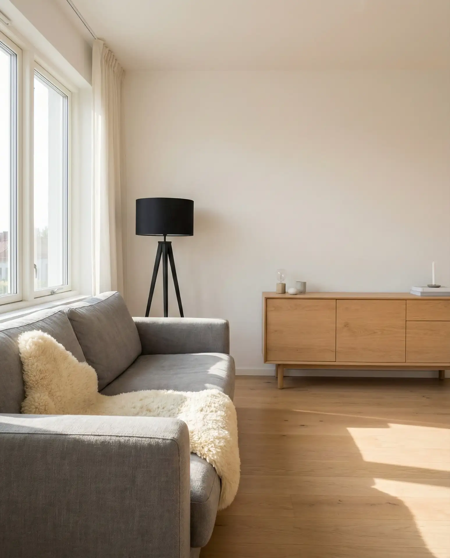 Scandinavian Living Room with Light Wood and White Walls 2