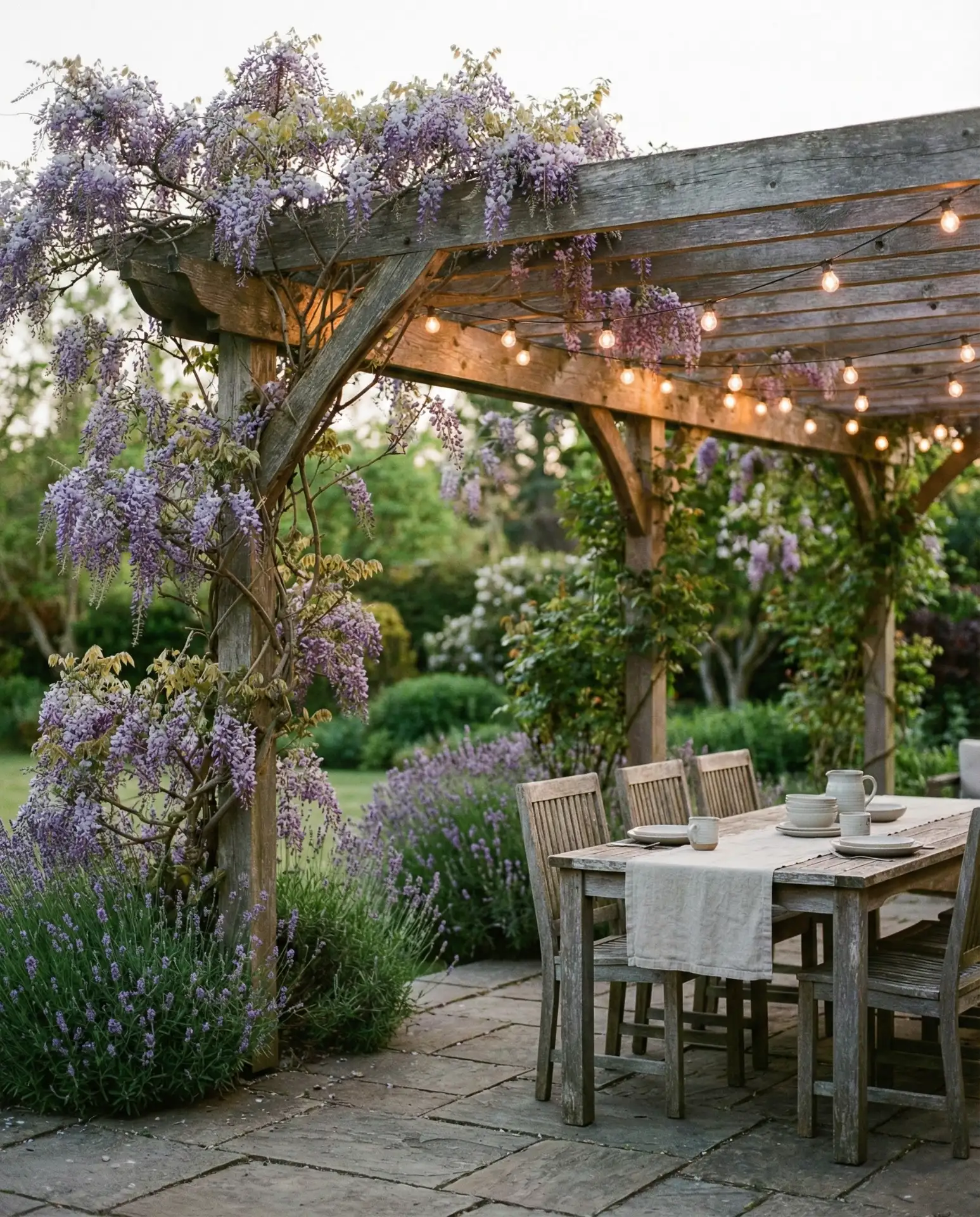 Shaded Pergola with Climbing Wisteria and String Lights