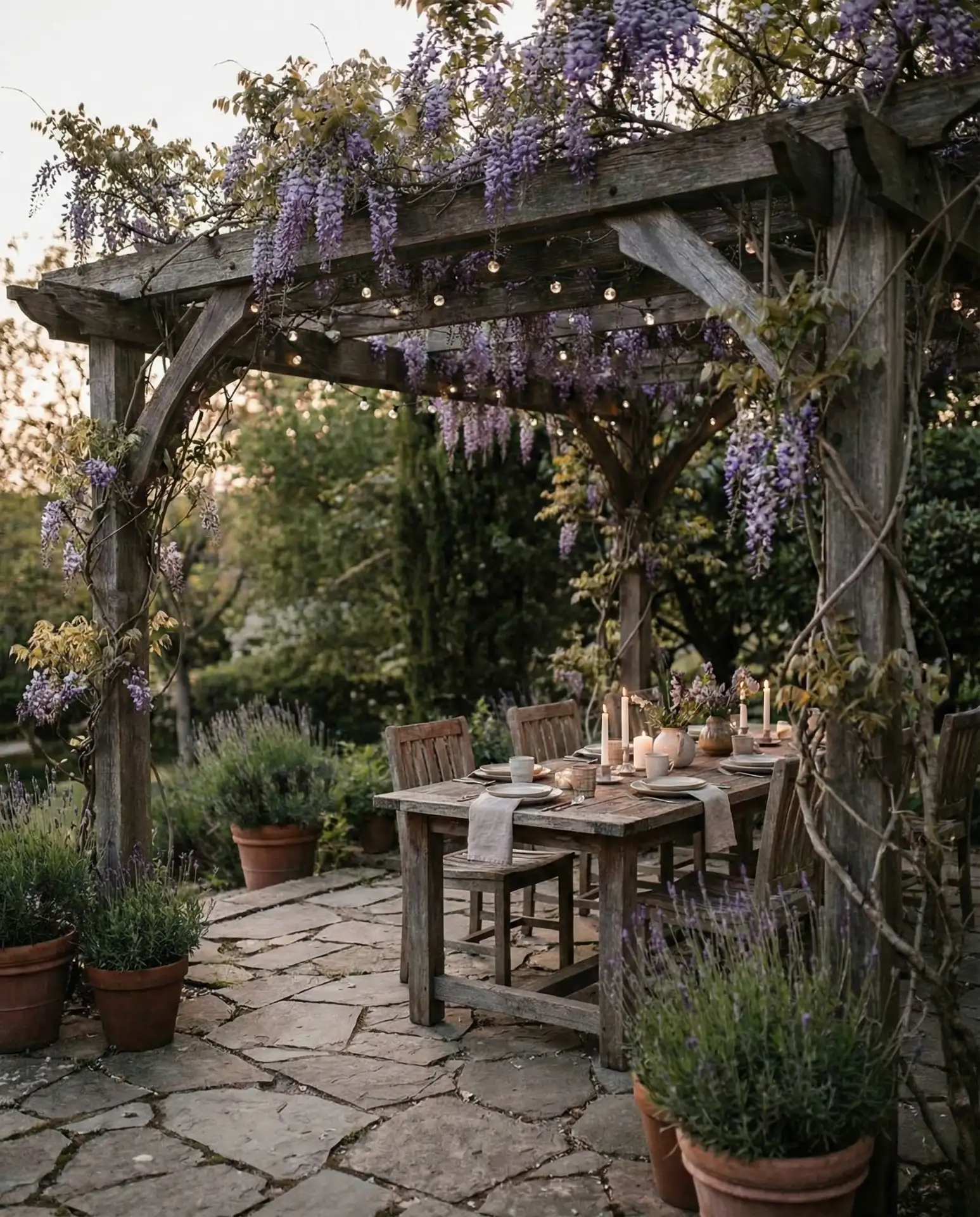 Shaded Pergola with Climbing Wisteria and String Lights