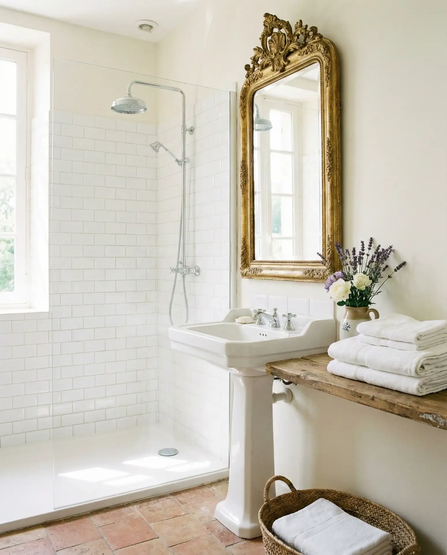 Simple White Bathroom with Vintage Mirror 1
