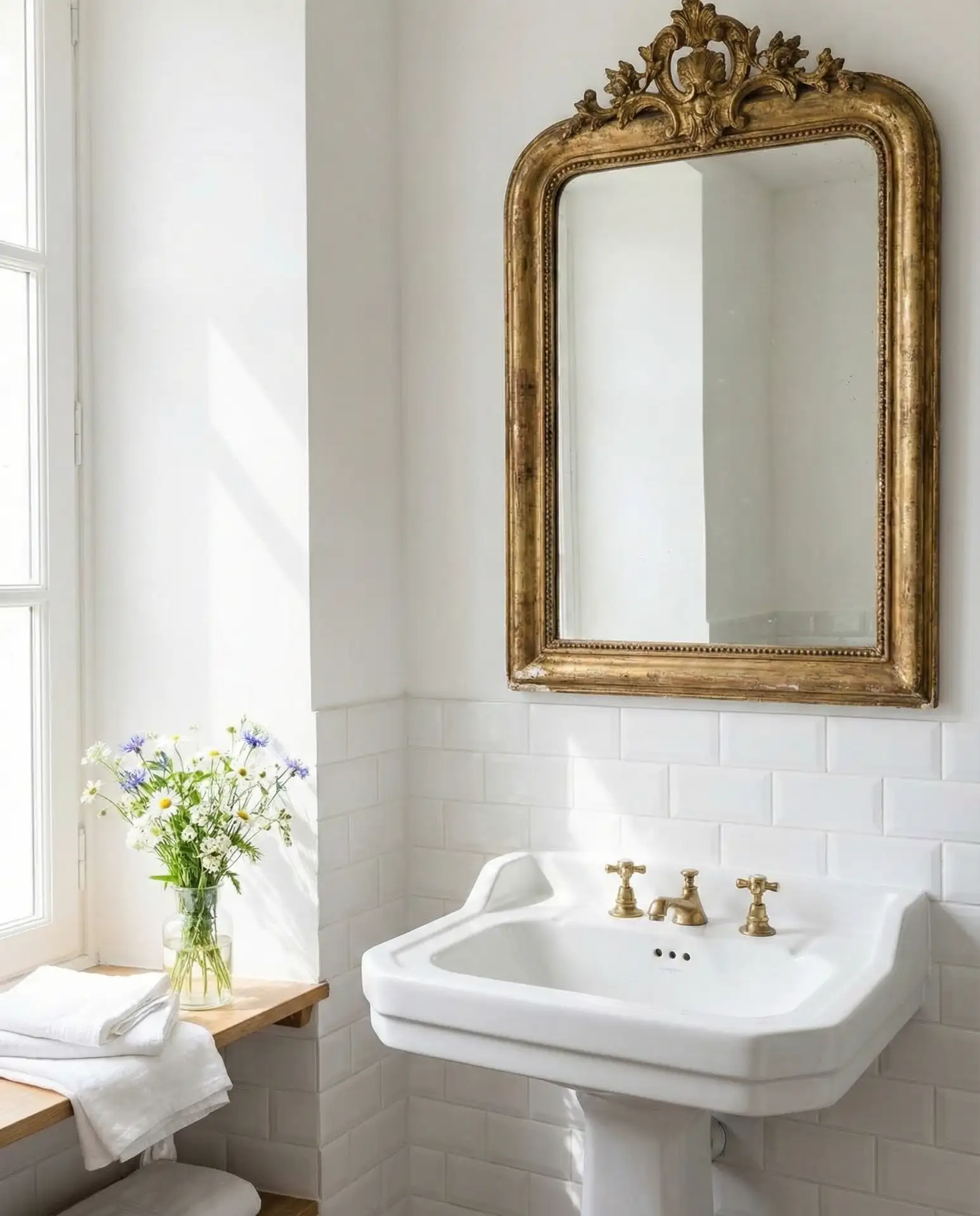 Simple White Bathroom with Vintage Mirror 2