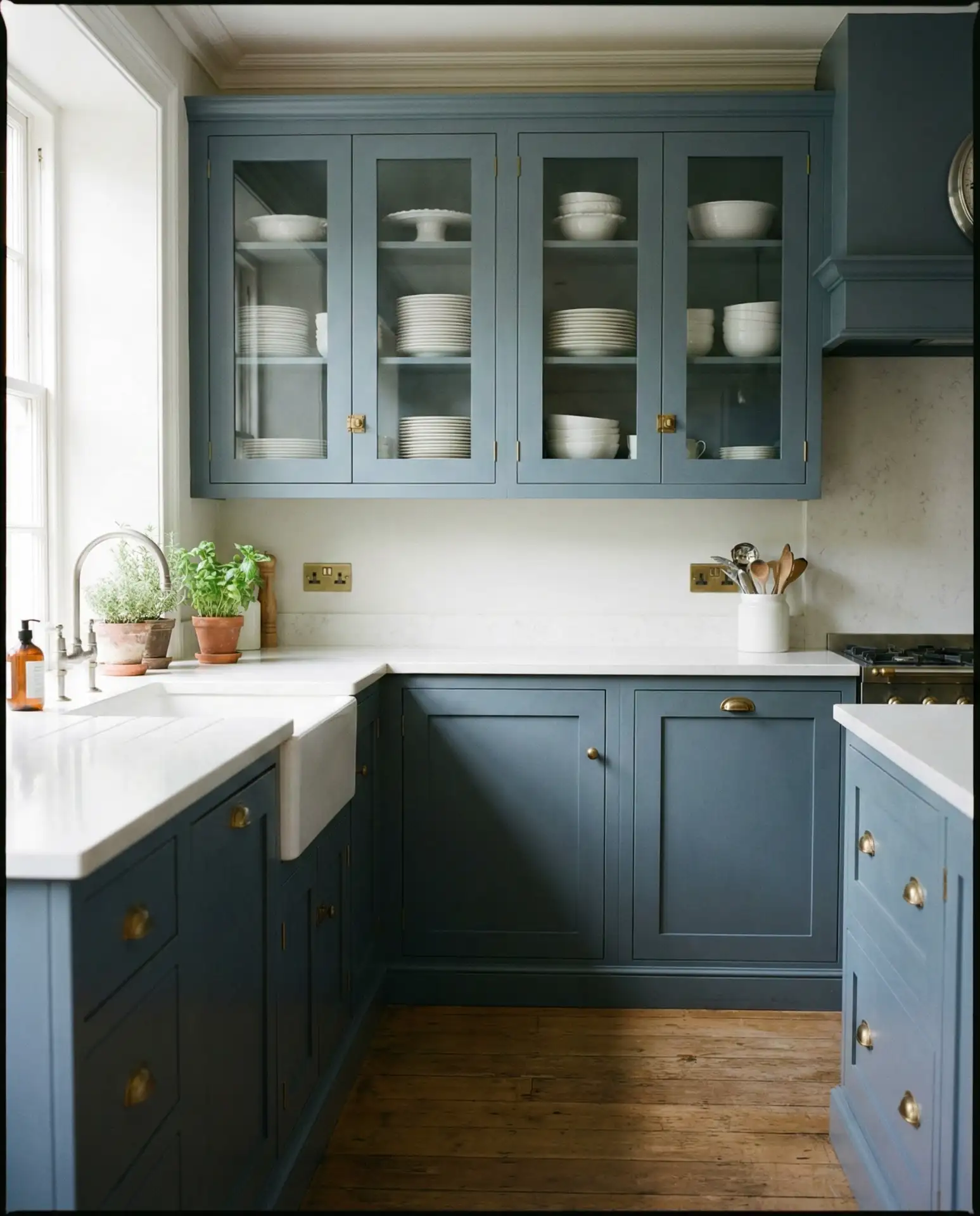 Slate Blue Lower Cabinets with Glass Uppers 1