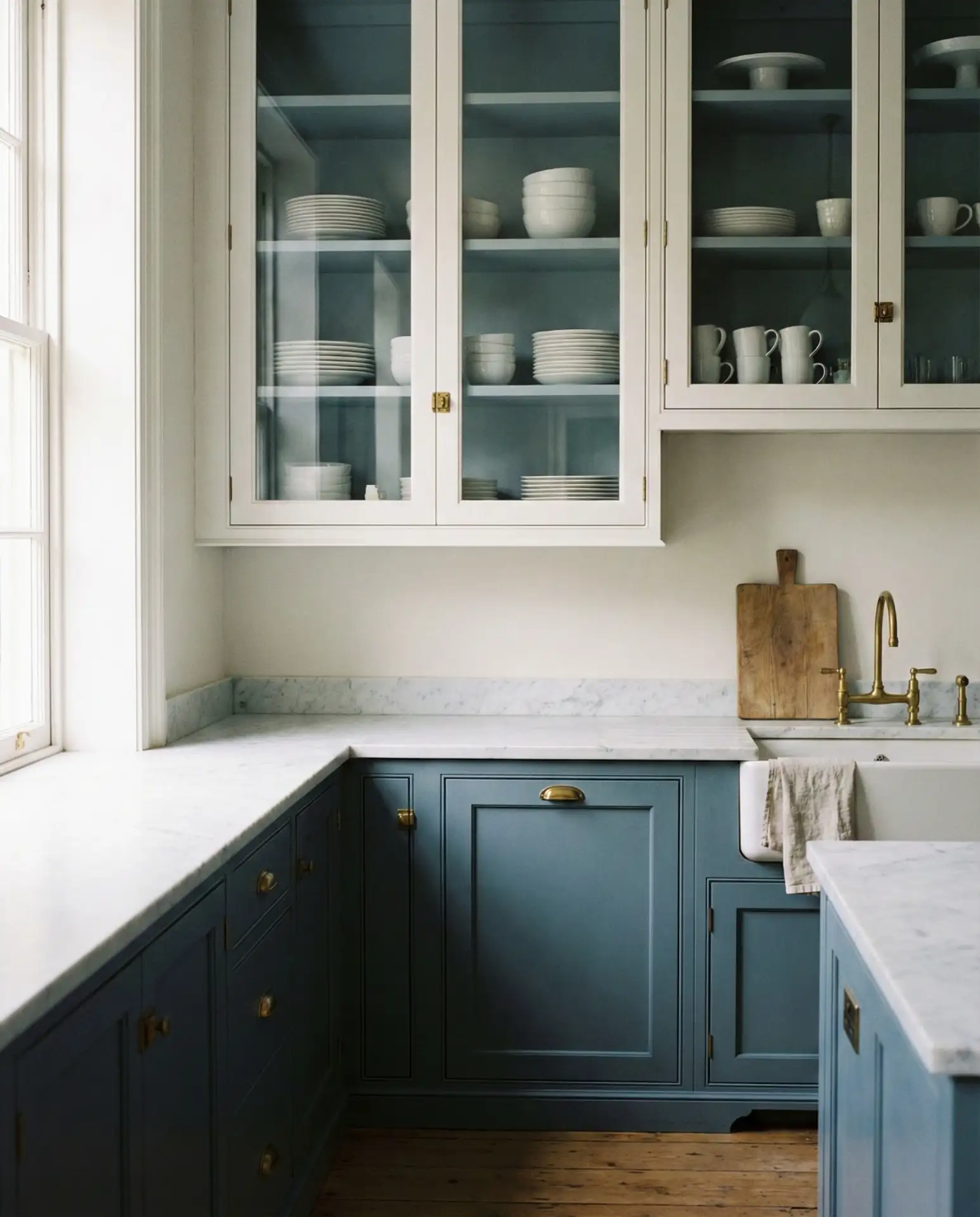 Slate Blue Lower Cabinets with Glass Uppers 2