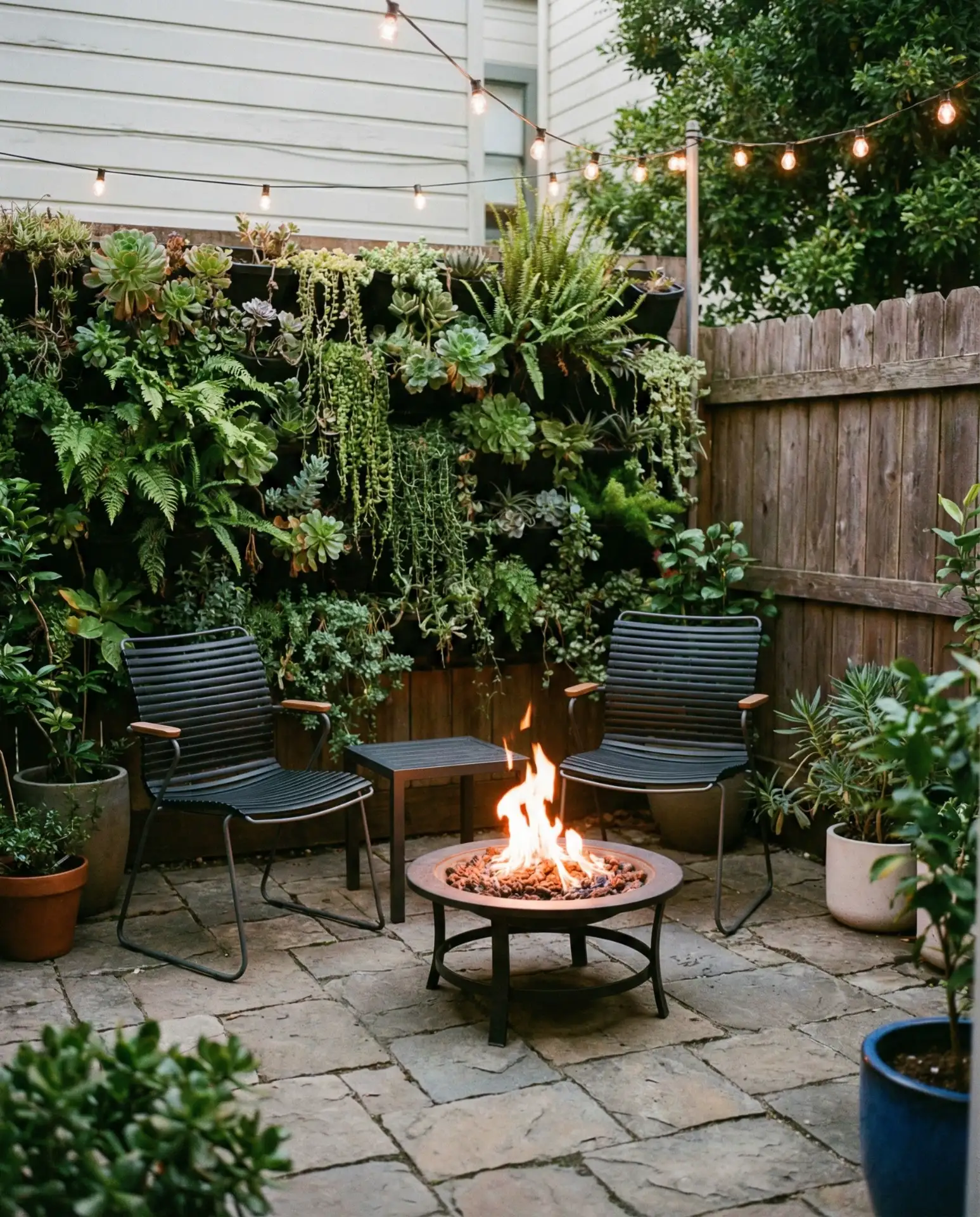 Small Backyard Fire Pit with Vertical Garden Wall 2