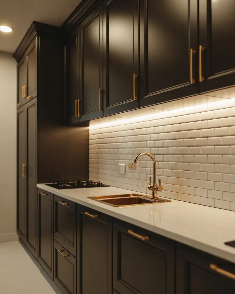 Small Kitchen with Black Cabinets and Strategic Lighting 1