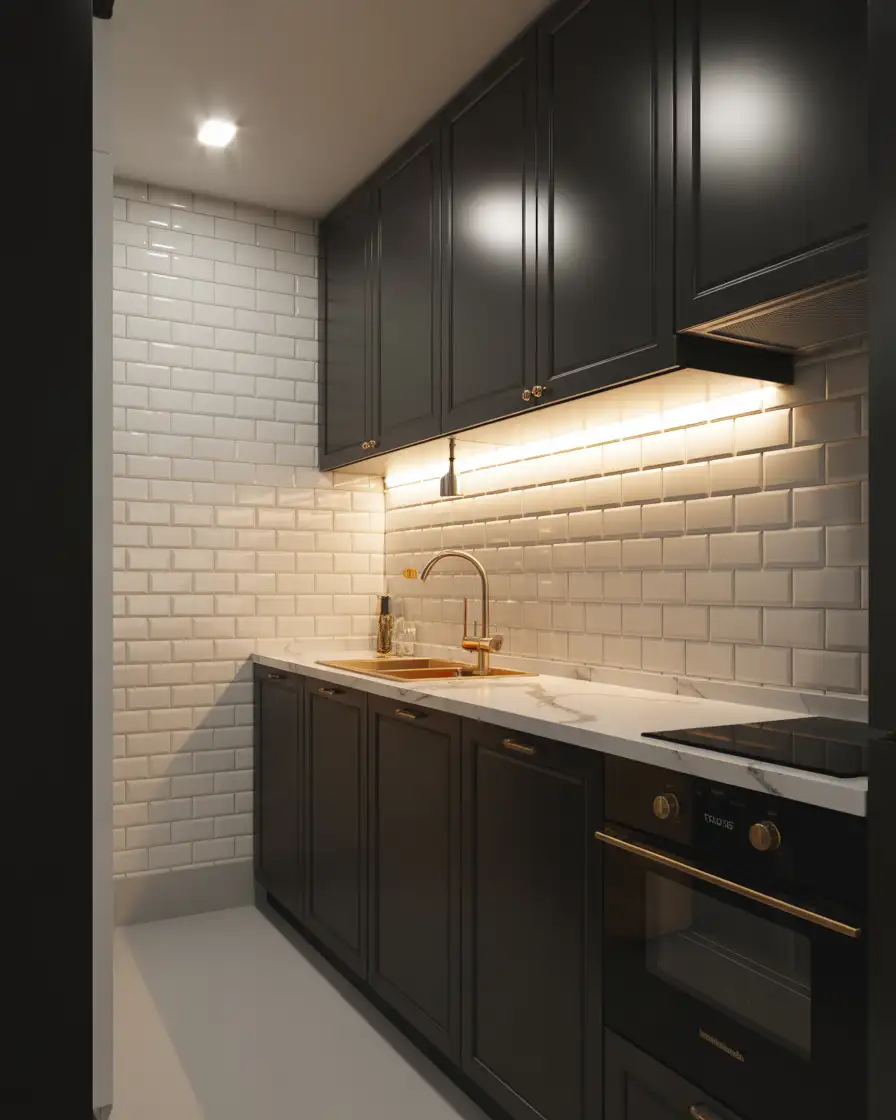 Small Kitchen with Black Cabinets and Strategic Lighting 2
