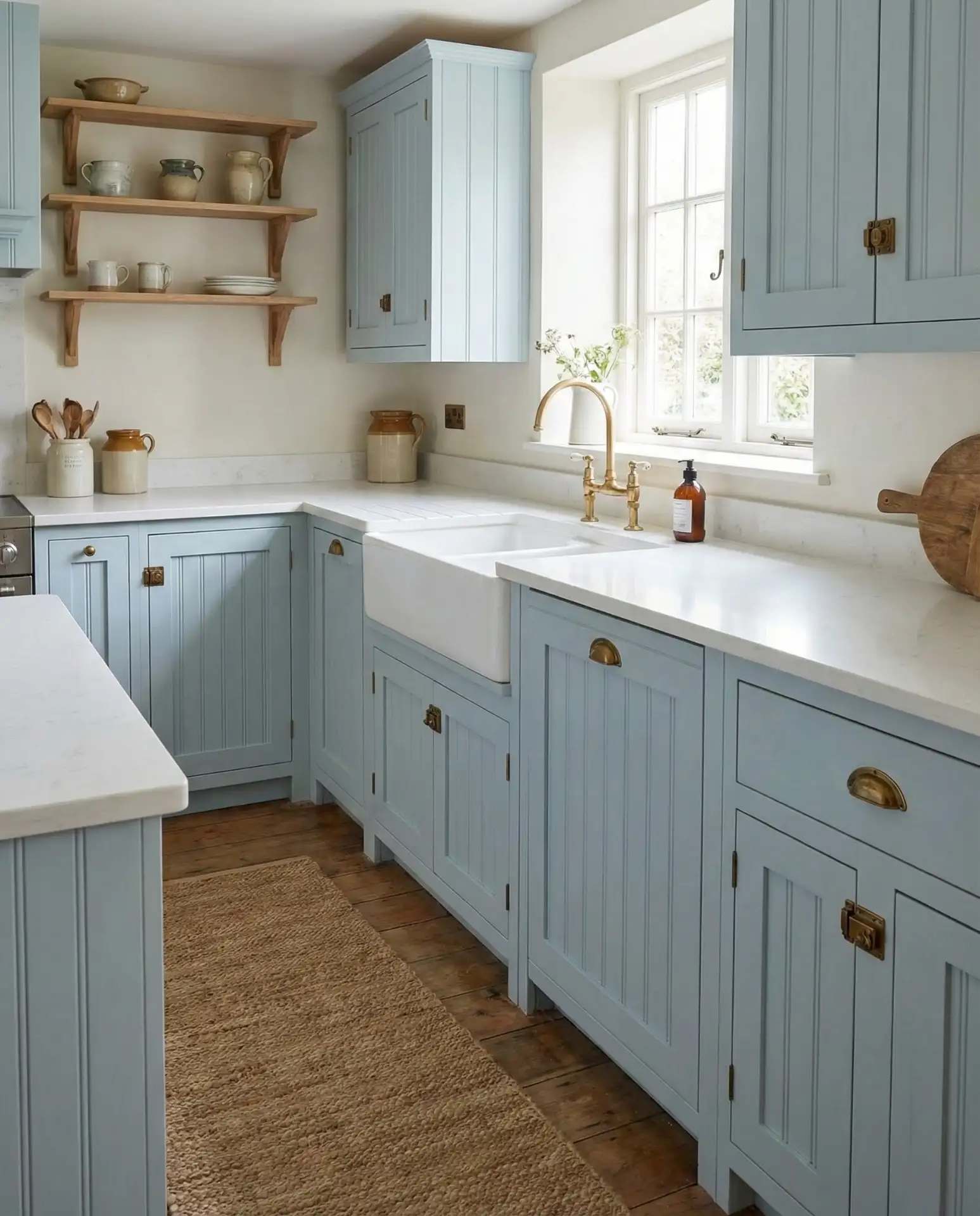 Soft Blue Beadboard Cabinets 1