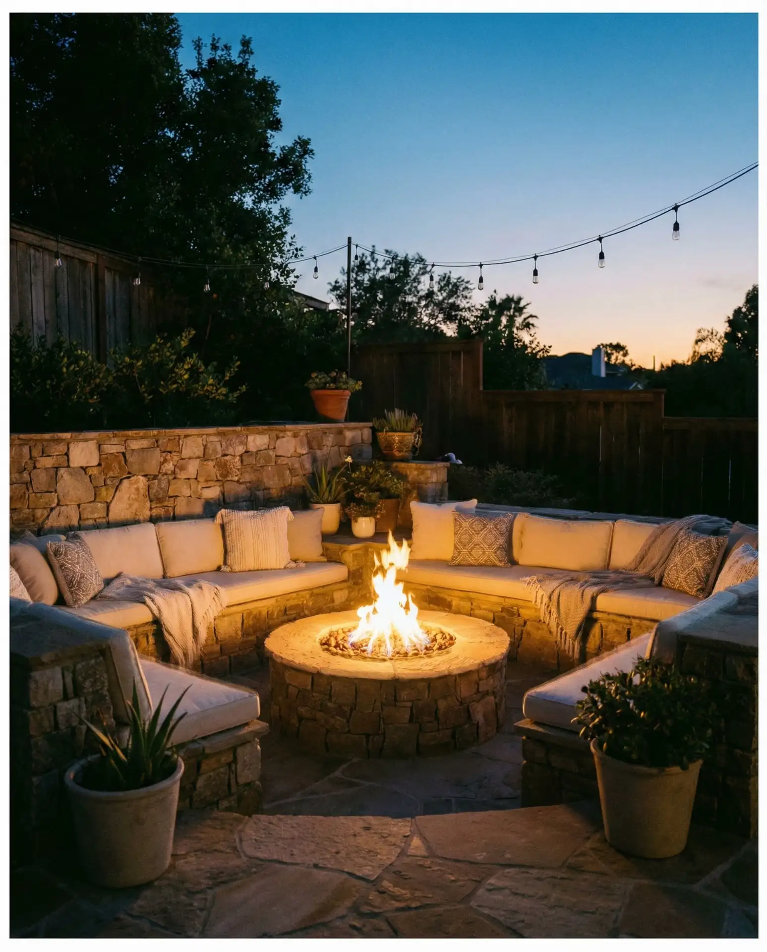 Sunken Fire Pit Lounge with Cushioned Seating