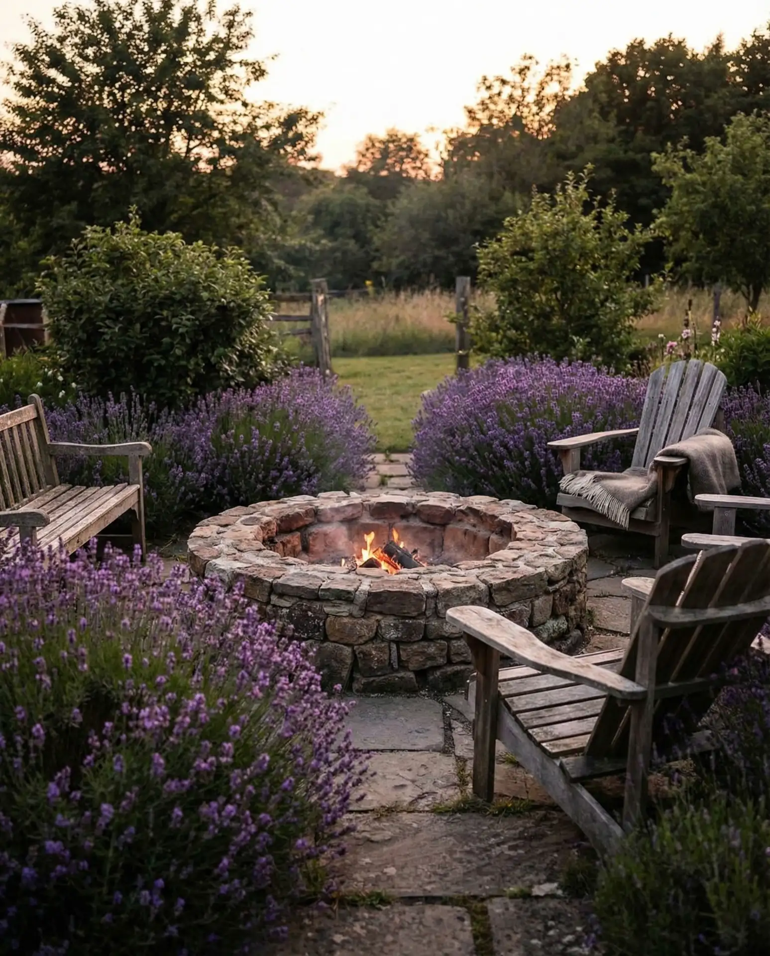 Sunken Fire Pit Surrounded by Lavender 2